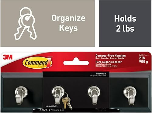 Miniatura 2 de Command 3M HOM18SES - Riel decorativo para llaves, 8 pulgadas de ancho x 1 12 pulgadas de profundidad x 2 18 horas, negroplata, 4 ganchospaquete