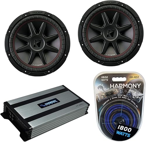 Harmony Audio Kicker (2) Paquete de subwoofer 43CVR122 de 12 pulgadas CompVR CVR12 Series Sub 400W RMS con kit de amplificador y amplificador