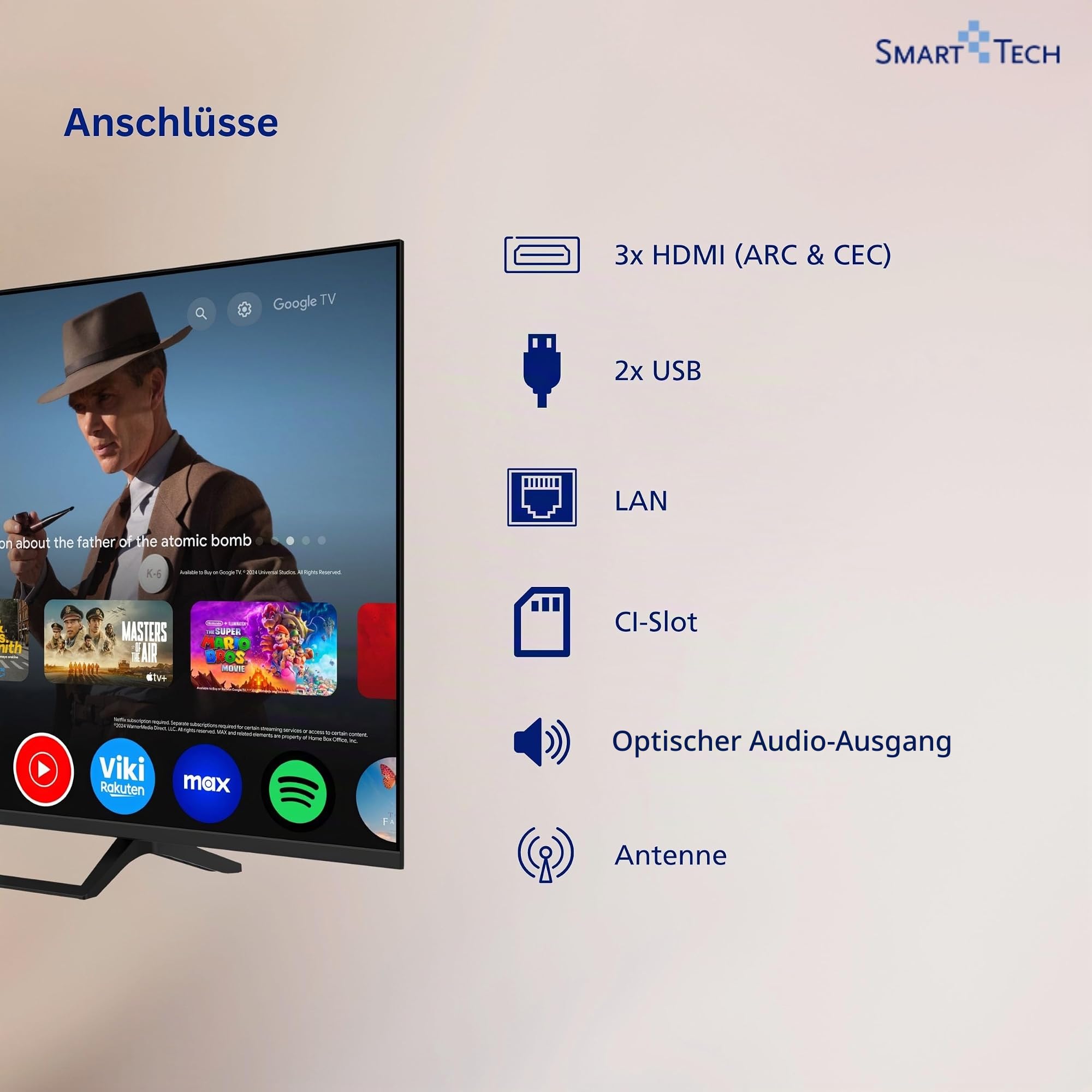 Smart Tech 43QG06V QLED Fernseher 43 Zoll Google TV - 4K UHD mit HDR, Bluetooth und Triple-Tuner, 3X HDMI, 2X USB (2026)