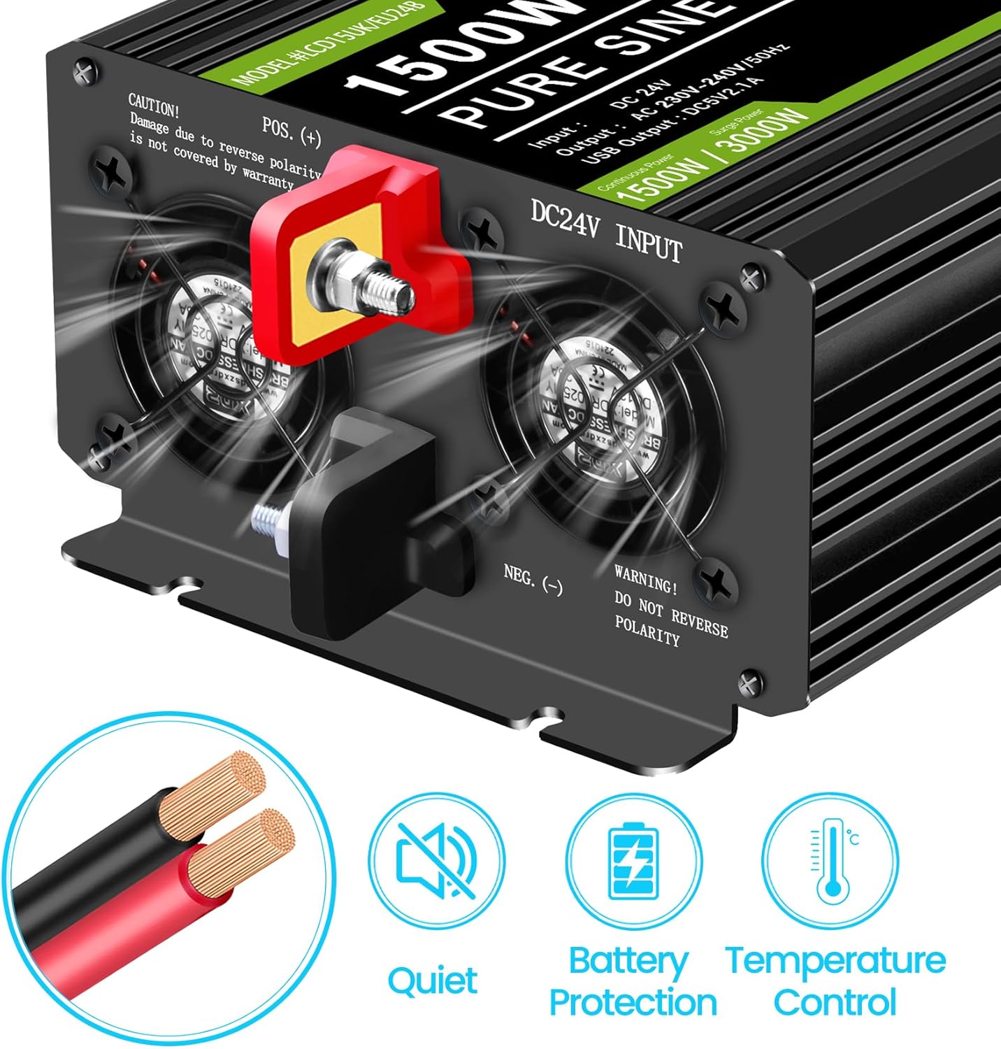 Rear view of the Novopal inverter showing cooling fans and battery terminals, with icons for quiet operation, battery protection, and temperature control.