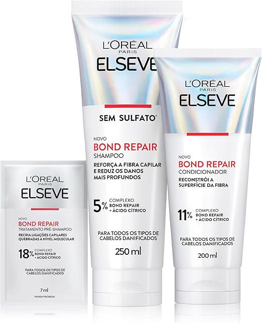 L'Oréal Paris Elseve Bond Repair Kit Reparação Molecular com Ácido Cítrico para Cabelos Danificados, Reconstrói Ligações e Devolve Força (Shampoo + Condicionador + Sachê Pré-Shampoo)