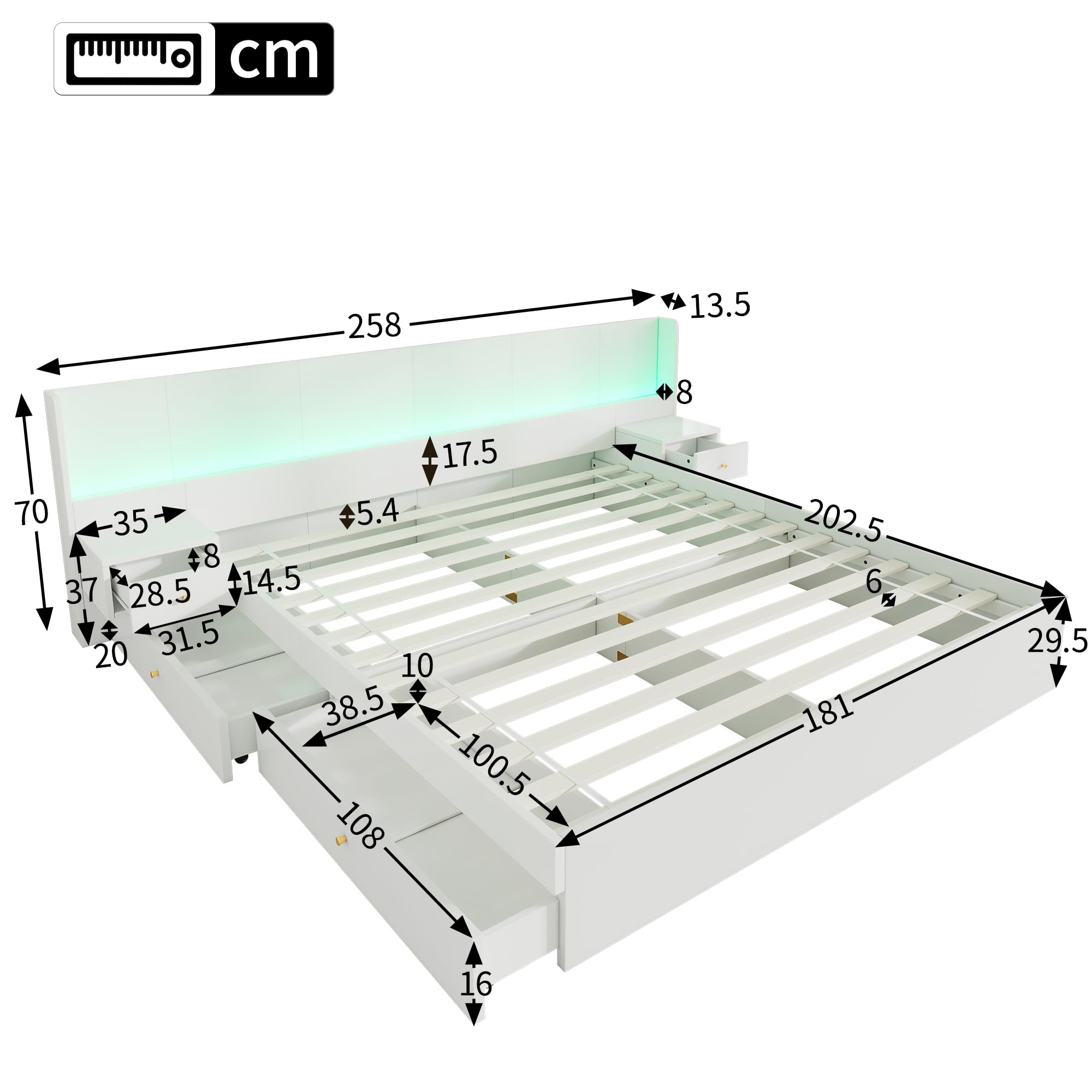 Letto 180x200 con contenitore, letto in legno con contenitore con 2 cassetti, testiera con comodino, LE/D e US/B, letto matrimoniale moderno con rete a doghe, bianco