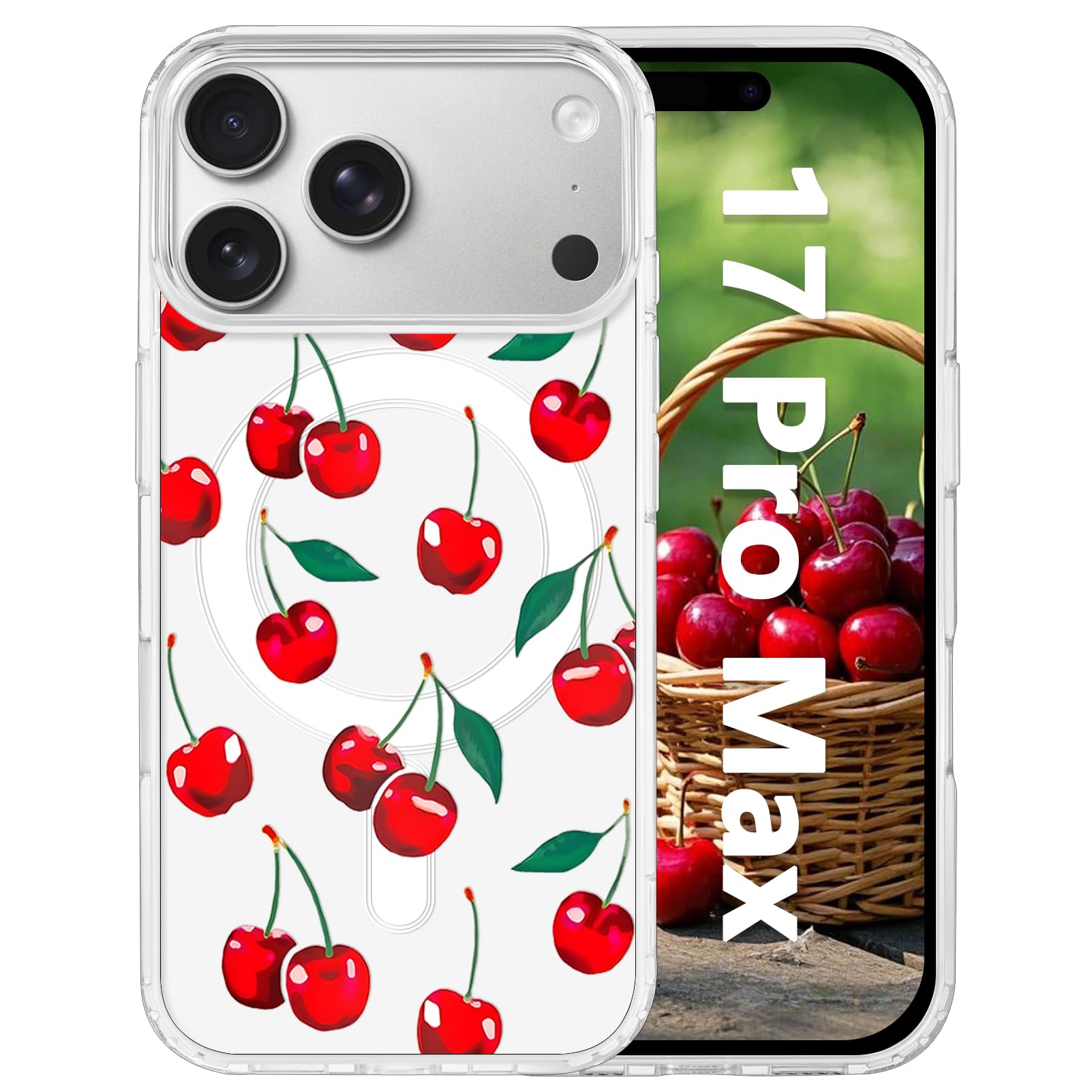 Magnetic Case for 2025 iPhone 17 Pro Max Compatible with MagSafe Floral Clear Shockproof Cover, Hard PC Back & Soft TPU Edge Slim Design for Women Girls - Cherry