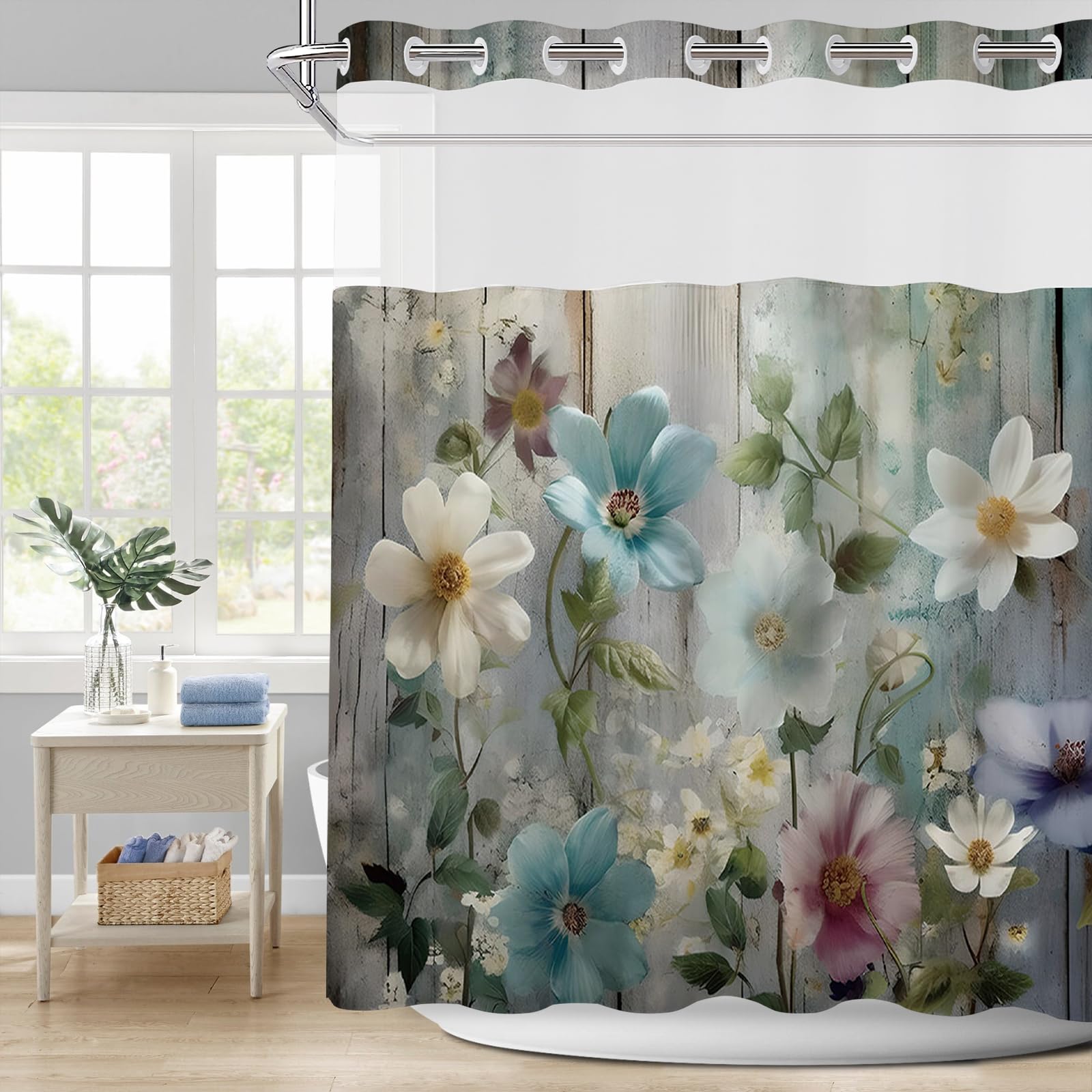 APROPHIC Bauernhof Duschvorhang mit Snap-in-Futter, Aquarell Blumen Retro Holz Duschvorhänge, Durchsichtiger Netzoberteil, Gewichteter Saum, wasserdichte Stoff Badezim-Duschvorhang Set，181x188 cm