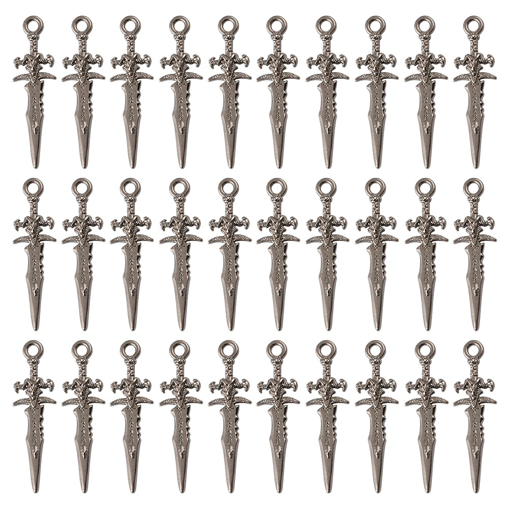 1 Box of 100 Knife Pendants Dagger Pendants Tibetan Style Antique Silver Sword Pendant Katana Stiletto Miniature Pendant Lifelike Weapon Pendant for Jewellery Making Pendant DIY