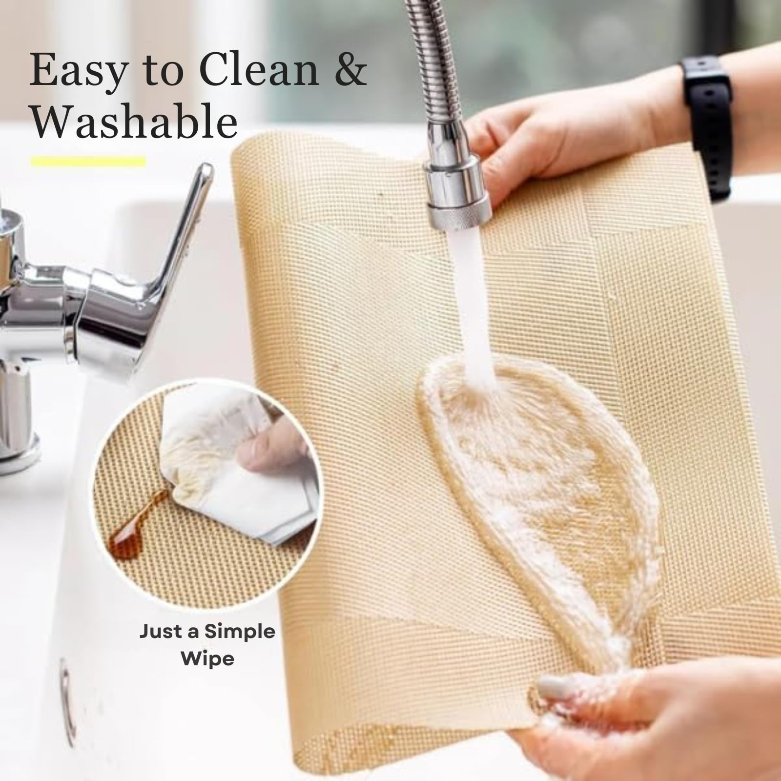 Solitude Placemats Set of 6 Dining Table Place Mats | Placemats Table Mat PVC Material | Non-Slip Heat Resistant | Dining Tablemates Washable Anti-Skid | Size 45 x 30 CM (Gold) — Amazon image 3