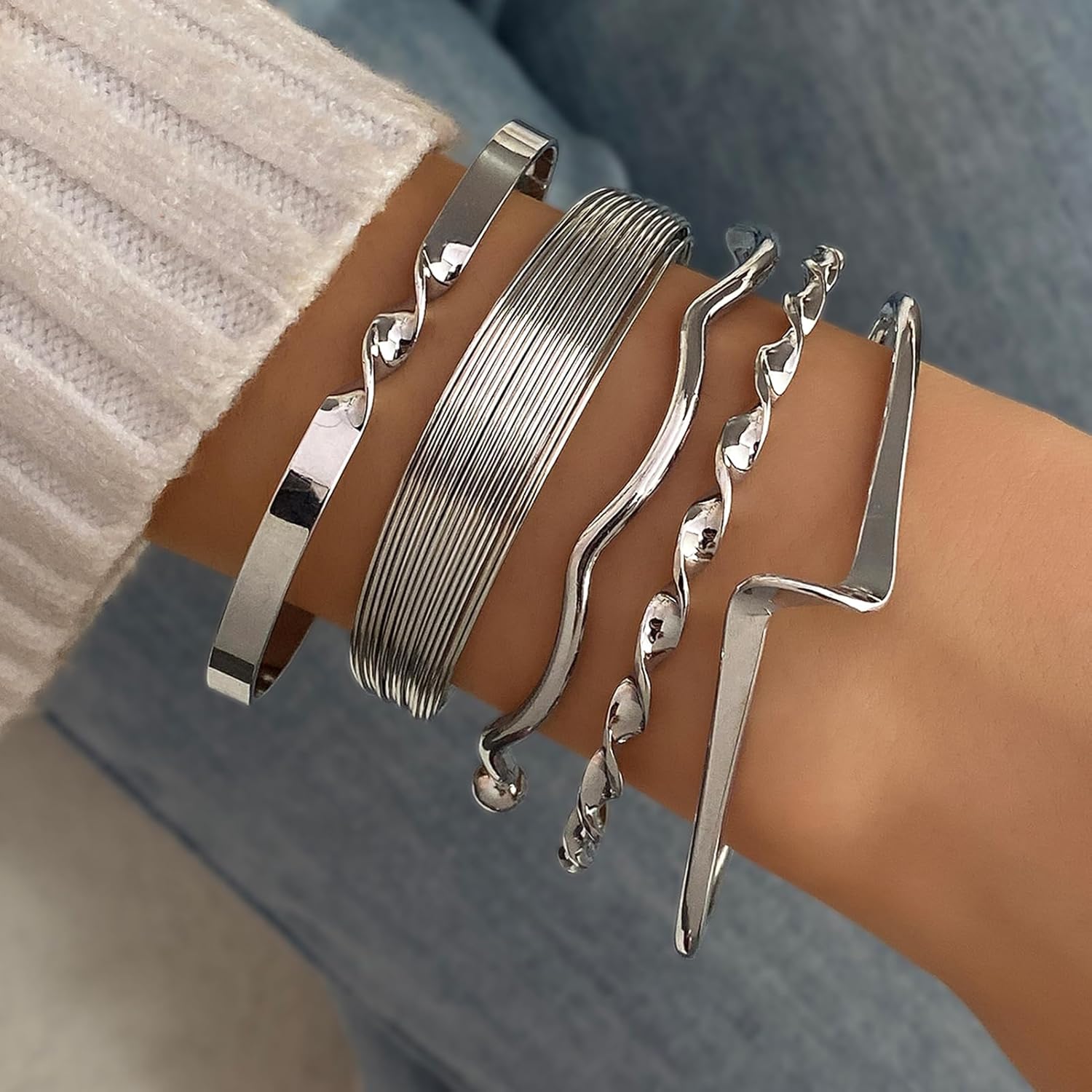 17IF Silver Bangle Bracelet for Women, 14k Multilayer Charm Textured Stackable Bracelets Lightning Bangles Indian Chunky Cuff Fashion Jewelry Gift - Image 4