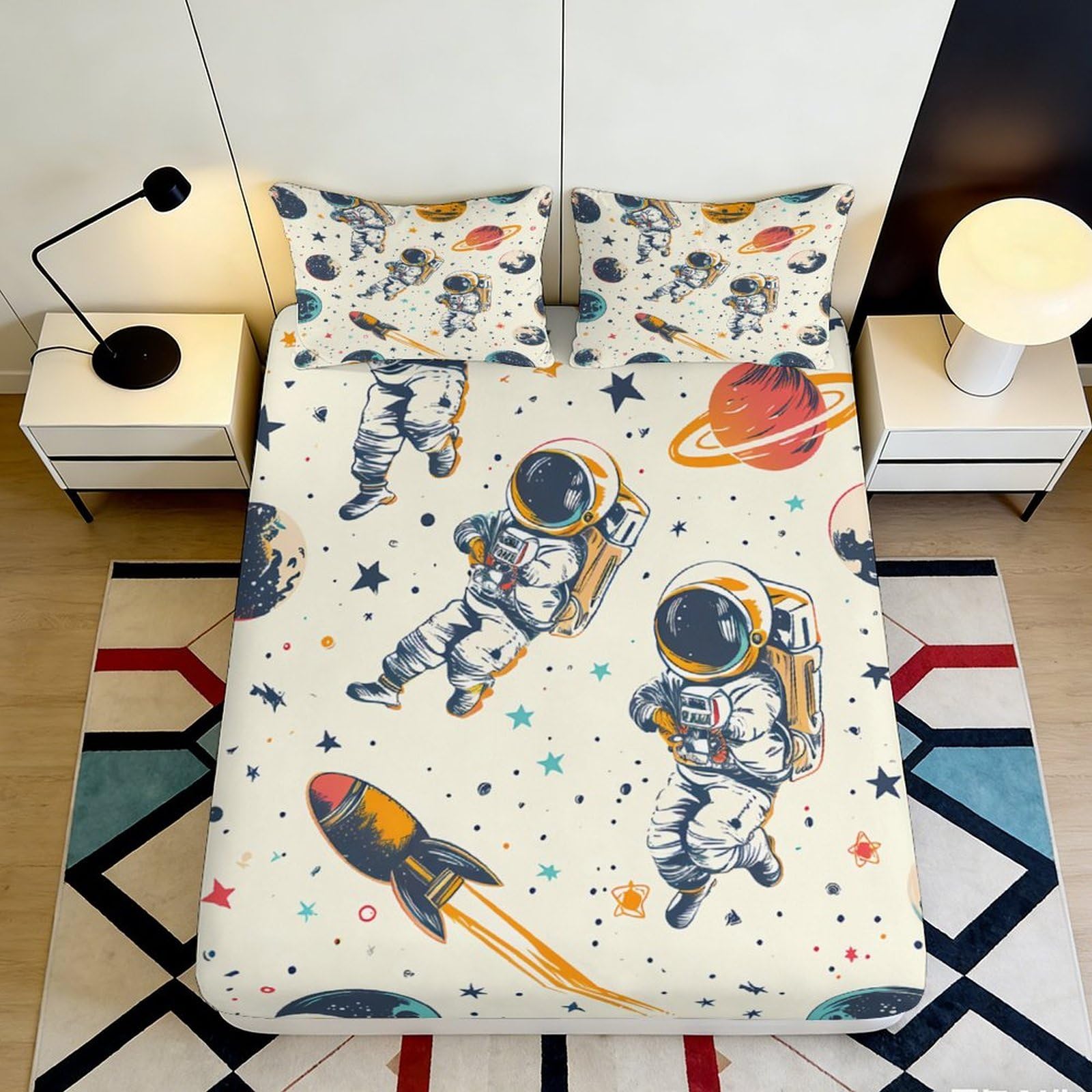 Pnayamiorkfel Style-3 3D Printed Astronaut Space Fitted Sheet Microfiber Soft Easy Care Rocket Planet Bed Cover For Bedroom Dorm Decor 90X200x25cm