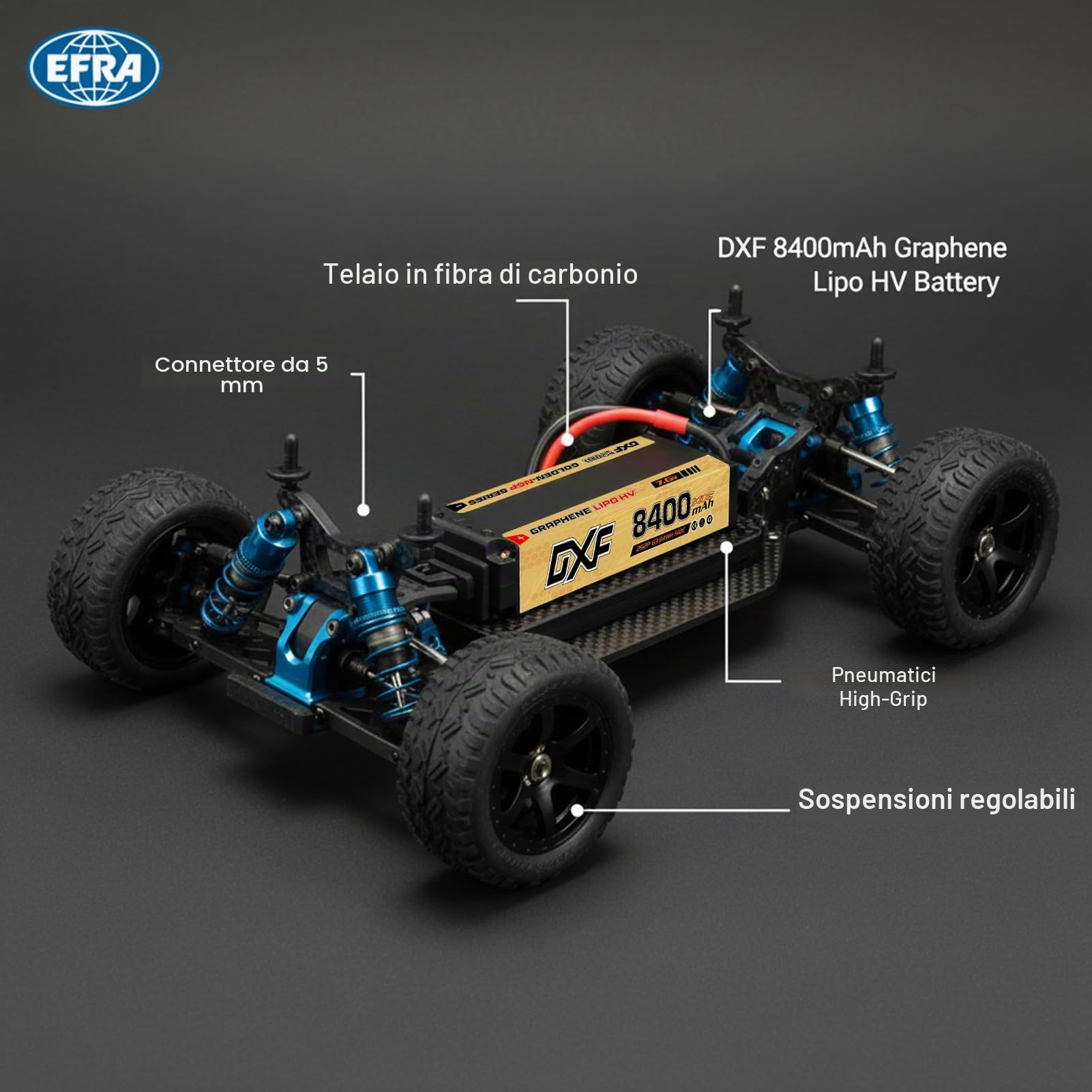 DXF Batteria LiPo 2S 7.6V 8400mAh 140C HV Spina Deans T Bullet 5mm EFRA Auto RC 1/8 1/10 Truck Buggy Touring Car Compatta Leggera Potente Gare Racing Corse Modellismo 2 Pezzi