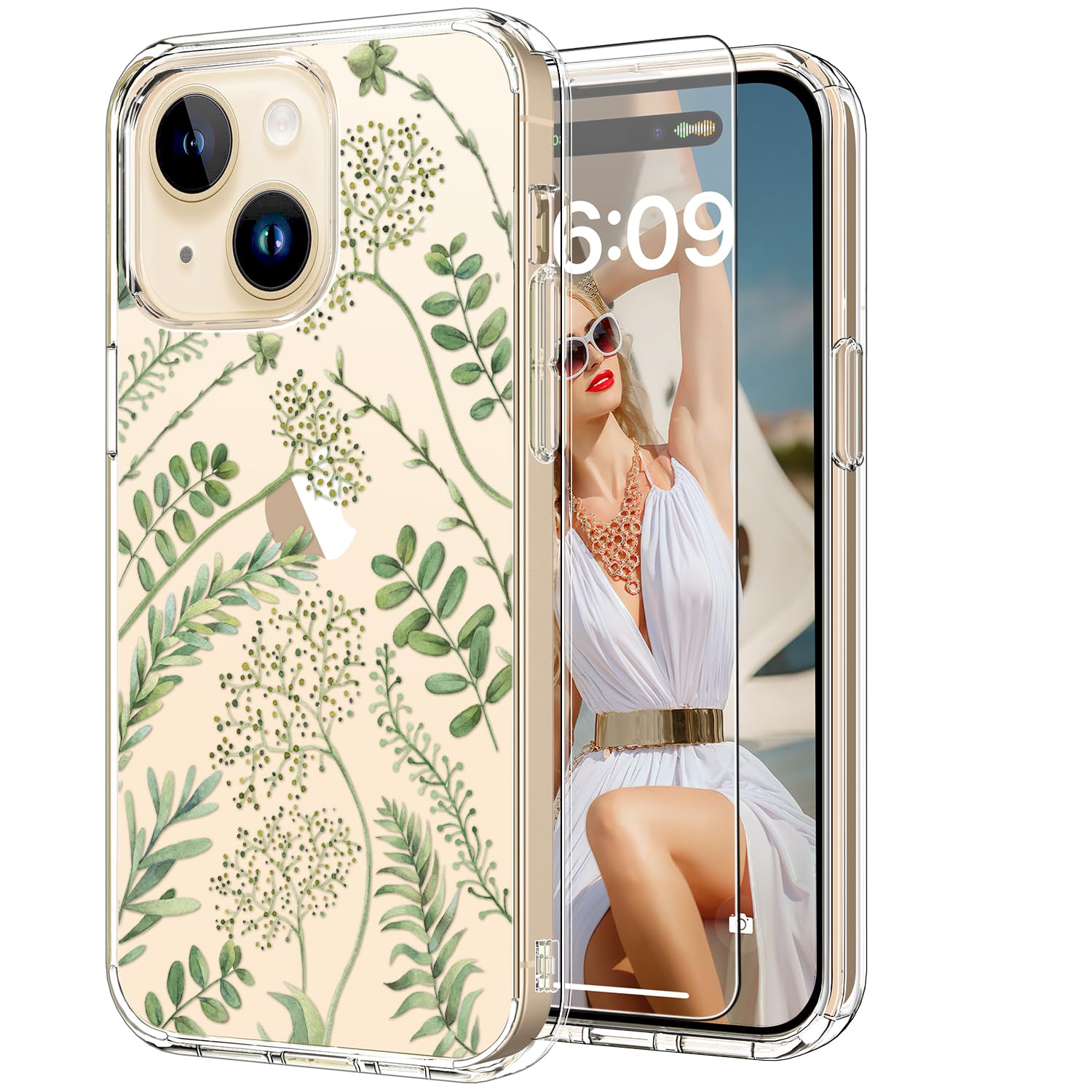 ICEDIO for iPhone 15 Case with Screen Protector-Clear with Fashionable Trendy Patterns-Designed for Girls and Women-Slim Fit Cover-Protective Phone Case 6.1" Green Leaves Floral Flower