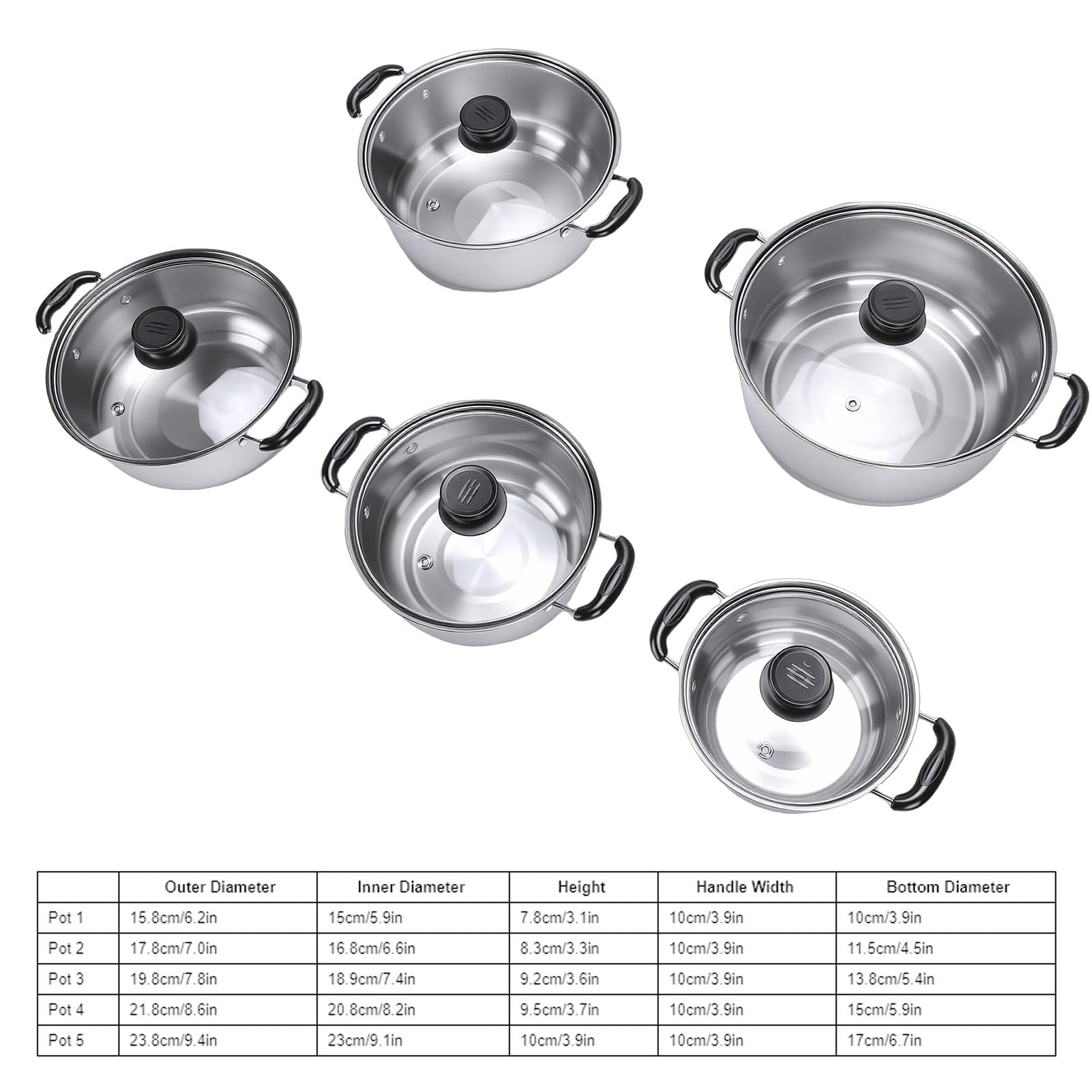 Kochgeschirr-Set, Induktion, Glasdeckel, Edelstahl, Küchen-Kochset für Zuhause, 5-teilig