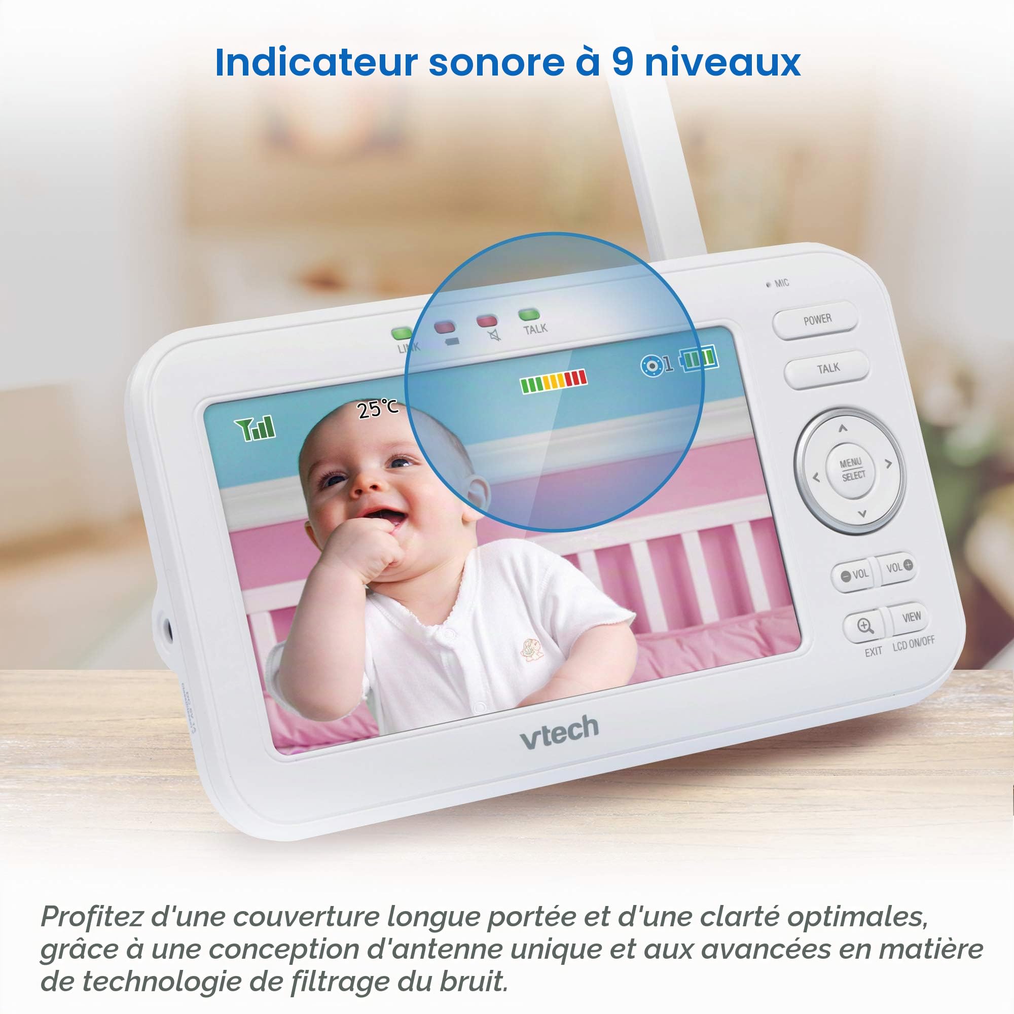 VTech Moniteur de bébé LM808-2W avec 2 caméras, portée de 300 m, Vision Nocturne Automatique, Moniteur vidéo pour bébé avec écran de 5", Conversation Audio bidirectionnelle, capteur de température