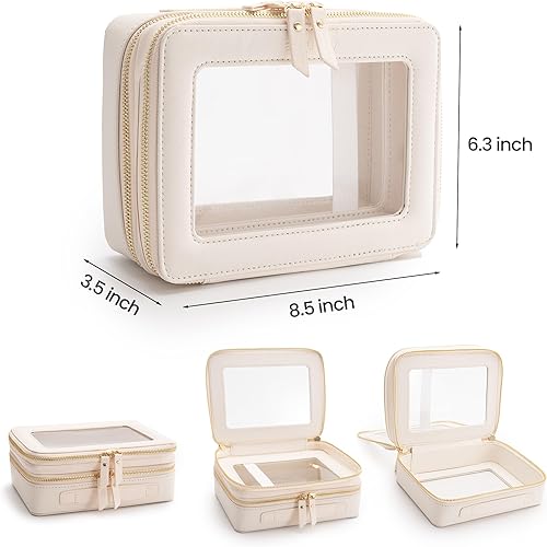 Miniatura 2 de Bolsa de maquillaje transparente con cremallera y asa, bolsa de viaje transparente portátil para mujeres y hombres, Blanco sucio, Moda