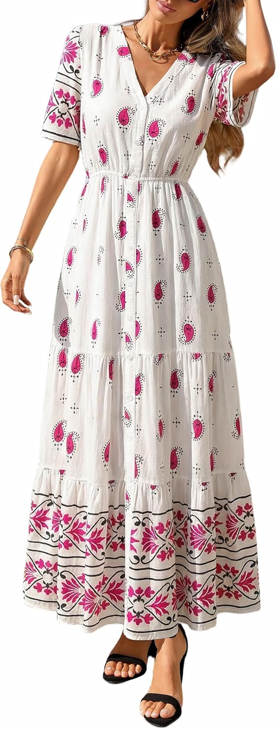 PRETTYGARDEN Womens Summer Boho Maxi Dress 2026 Trendy Short Sleeve V Neck Flowy Beach Floral Dresses with Pockets