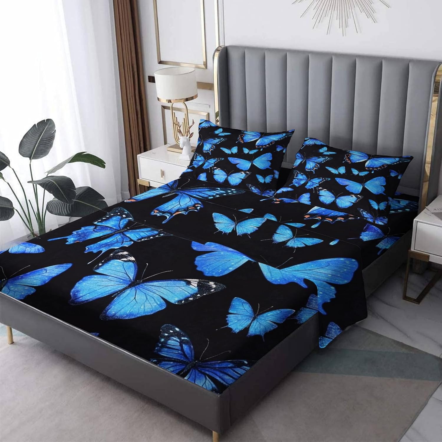 Butterfly Sheet - King Sheet Sets - Blue Butterflies Bed Sheets, Soft Microfiber & Deep Pocket & Anti-Pilling Patterned Bedding Sheets & Pillowcases - Butterfly Decor & Gifts