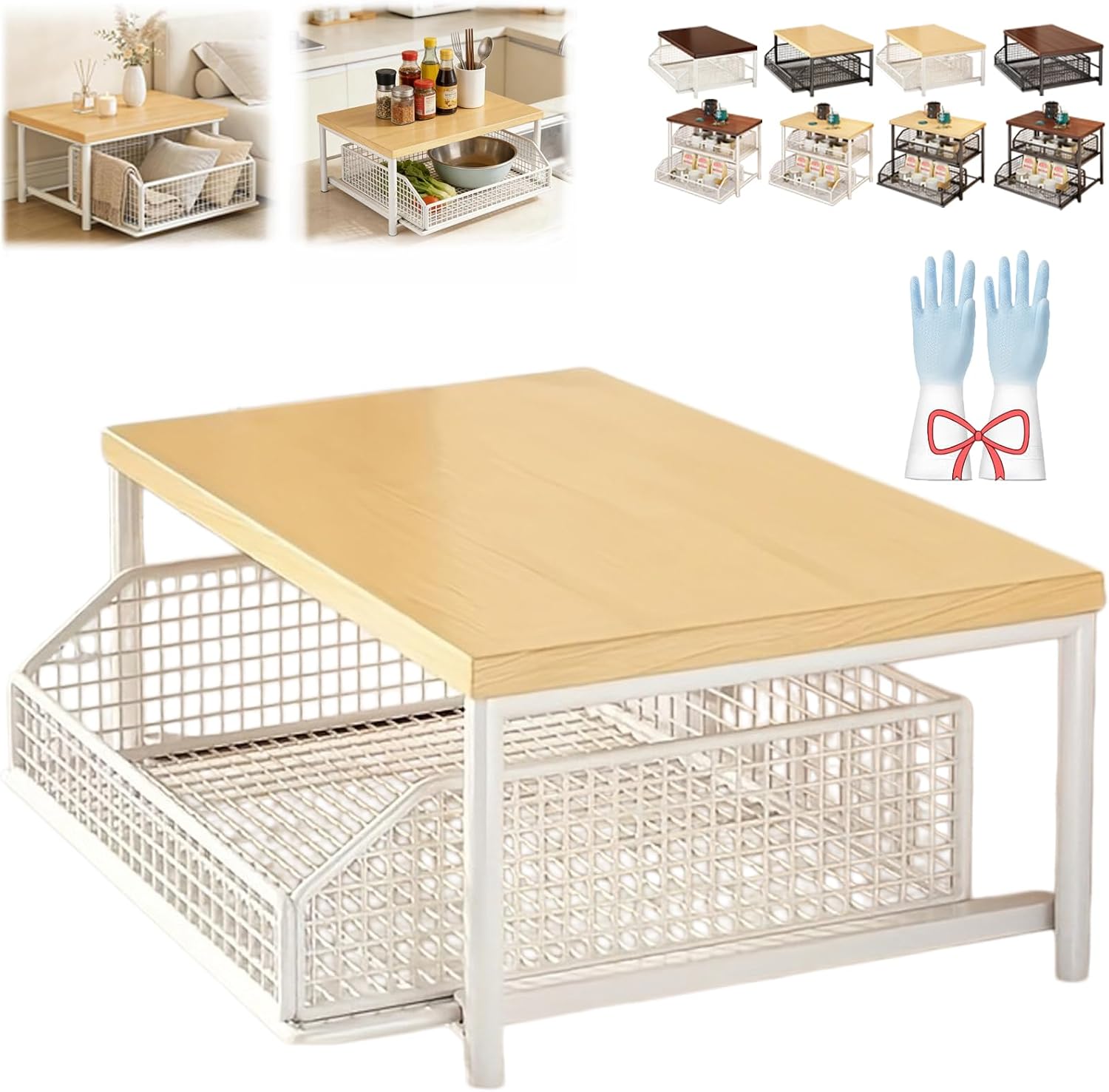 Kitchen Countertop Organizer with Drawer & Wire Basket, 2-Tier Metal Pull-Out Storage Rack, Space-Saving Small Microwave Countertop for Coffee Maker/Seasoning Bottle/Kitchenware (Standard-D)