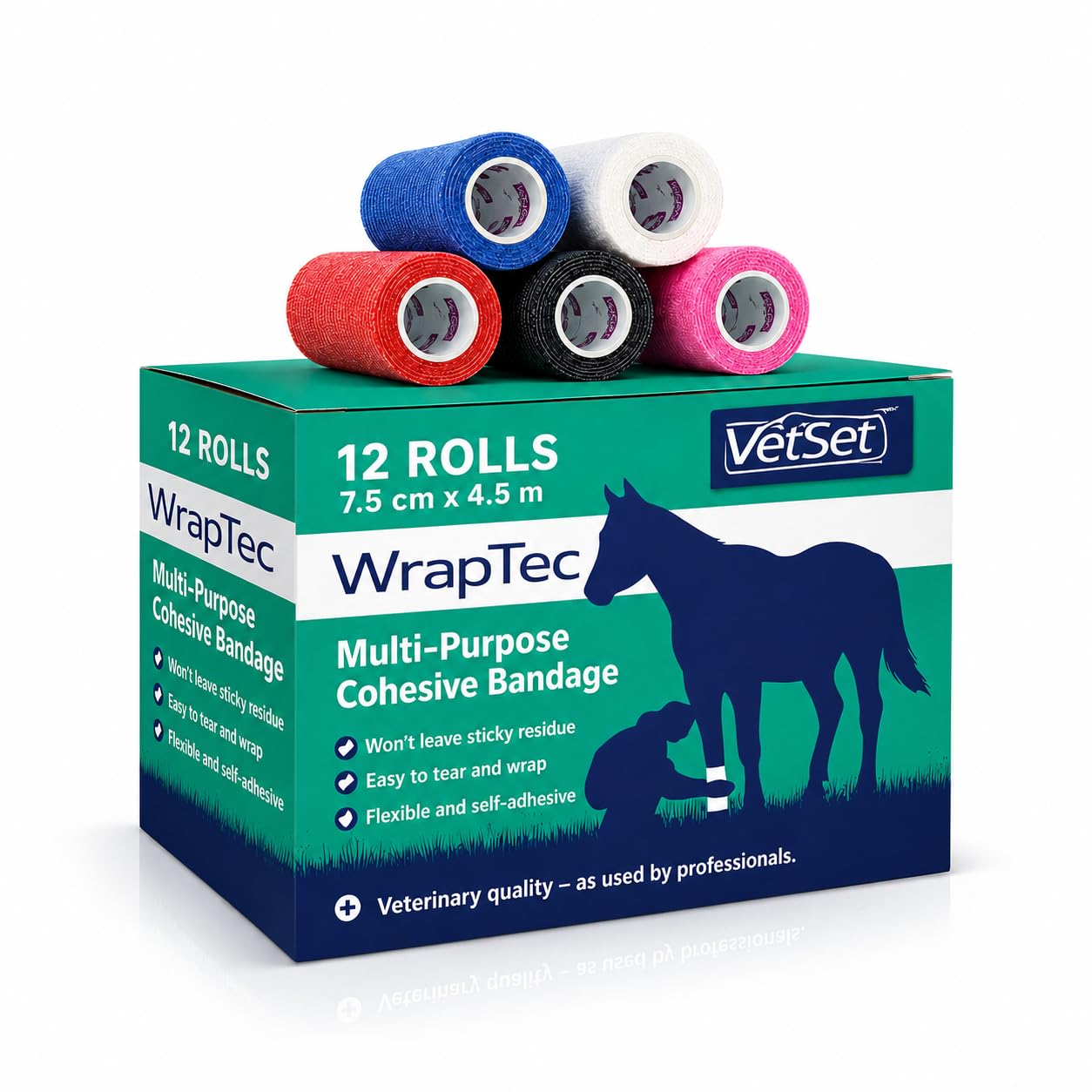 VetSet WrapTec Vet Wrap Cohesive Bandage Rolls 75mm, 12 Pack Assorted โ image 1