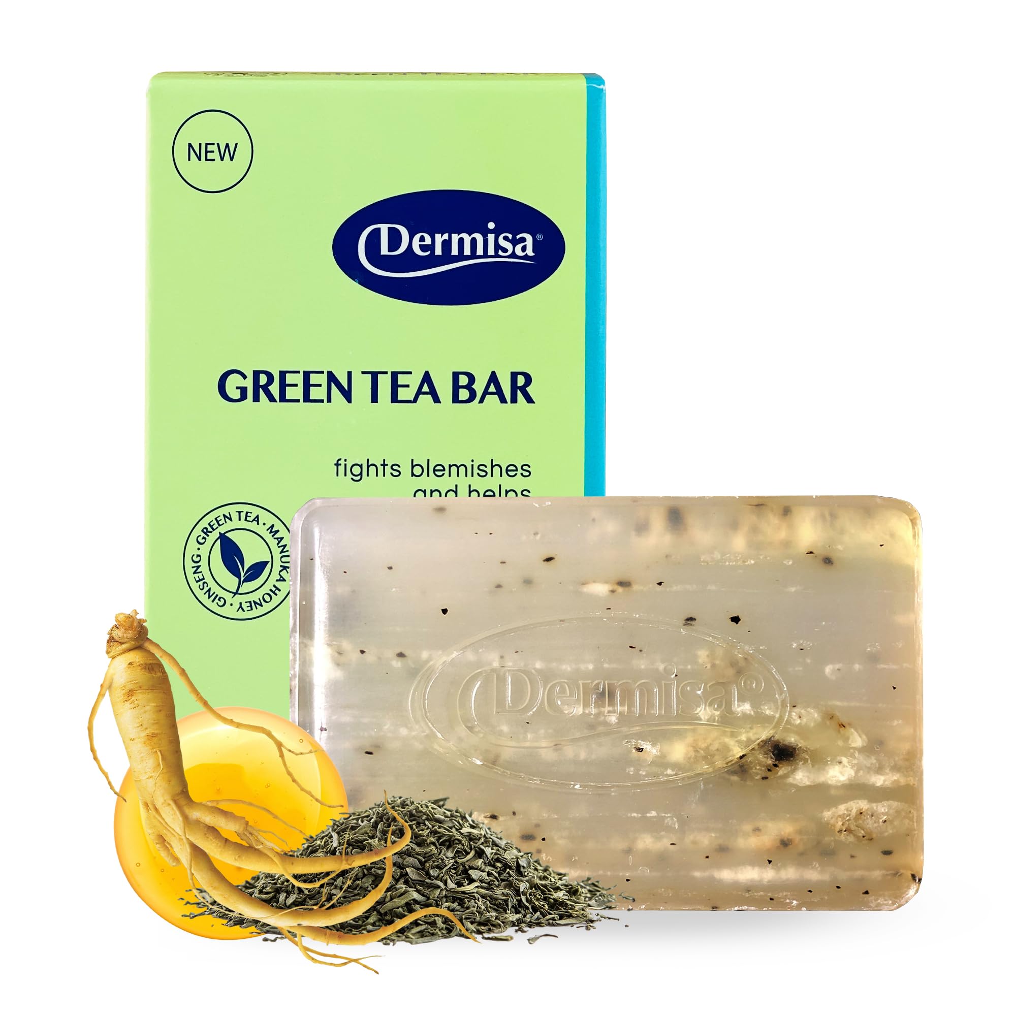 Dermisa Green Tea Bar | Gentle Skin Cleansing and Exfoliation | Contains Antioxidants Green Tea, Manuka Honey, Ginseng | NO PARABENS, NO SULFATES | 3OZ Pack of 1