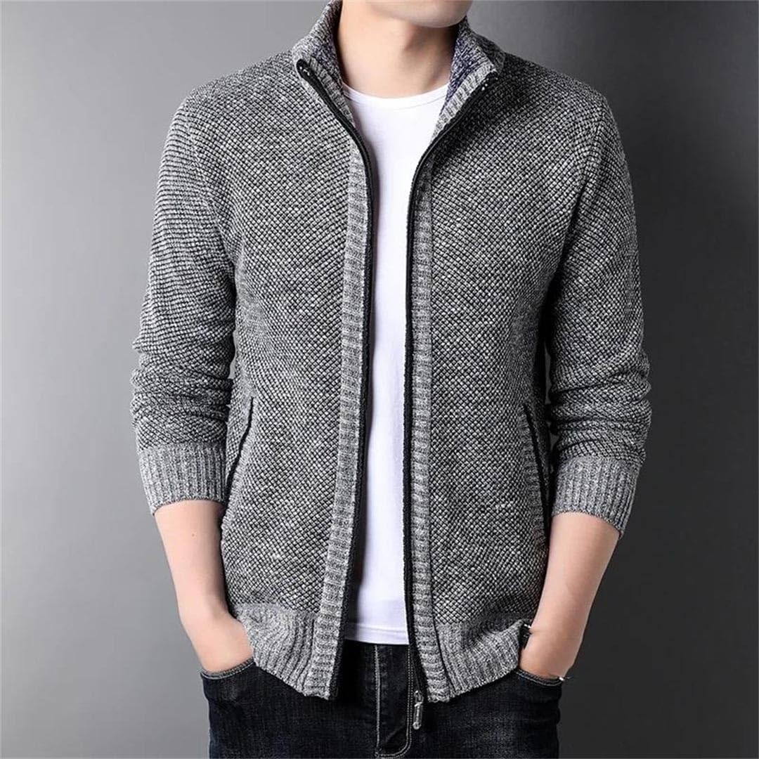 Men's High Collar Fleece-Lined Knitted Top Autumn Winter Warm Casual Long Sleeve Fashion Jacket