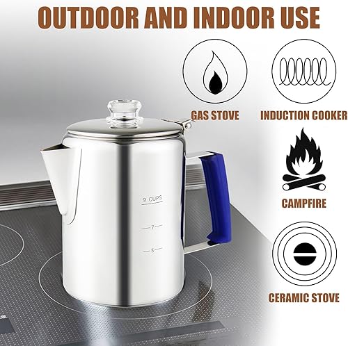 Miniatura 8 de Cafetera de percolador multiuso, cafetera de acero inoxidable con dos pomos de vidrio de borosilicato, mango de sílice, cafetera para camping, uso