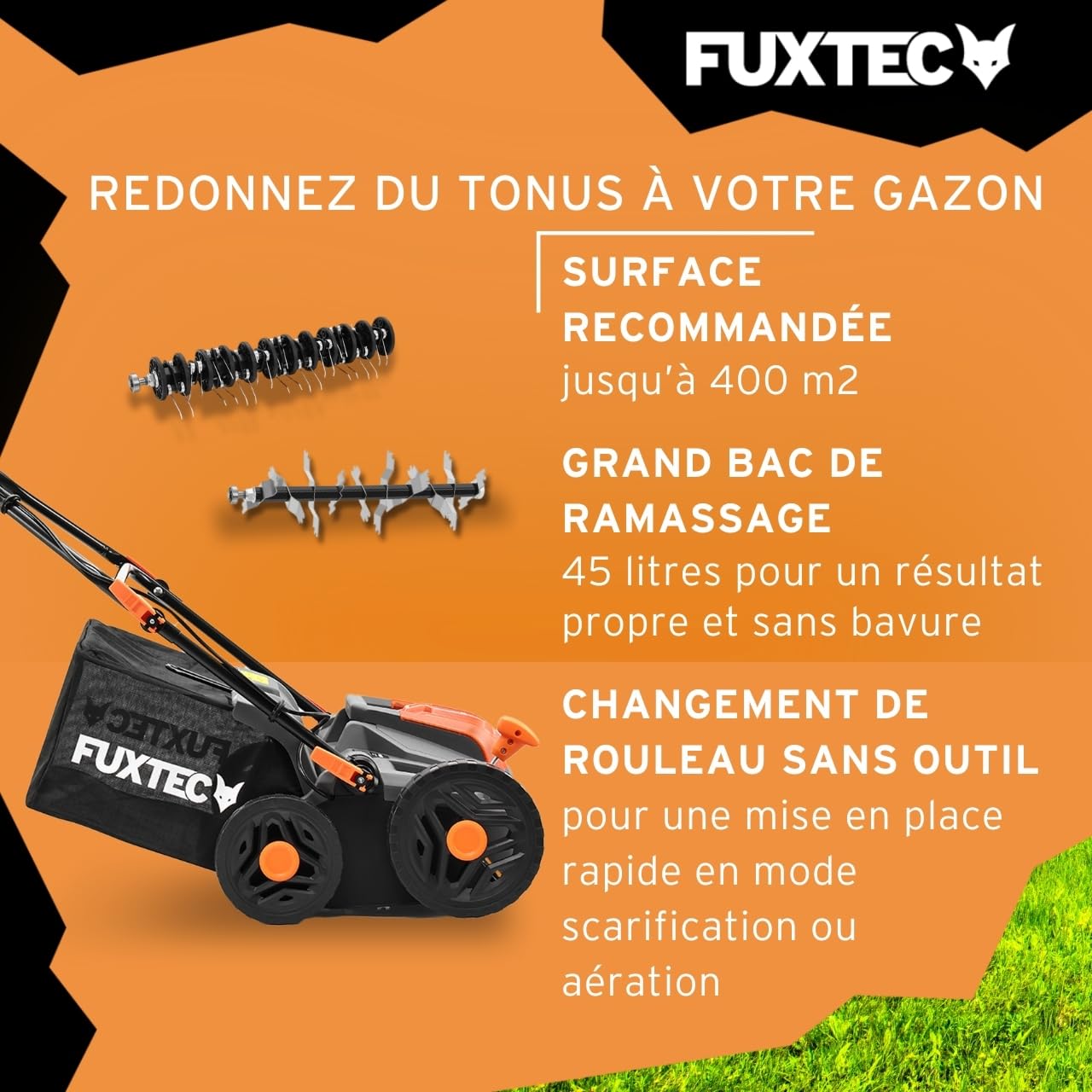 FUXTEC Aérateur à batterie 40 V FX-E2VE38SET - 2 en 1 Aérateur et Scarificateur, Largeur 38 cm, Panier 45 L, 2 piles incluses