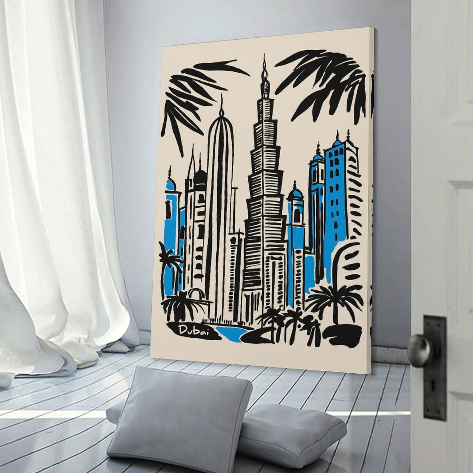 Junmoney Dubai Skyline Illustration with Palm Trees Decorative Canvas Print 20x30inch(50x75cm), for Gallery Wall Layouts in Home Or Office, Home Wall Art for Statement Displays