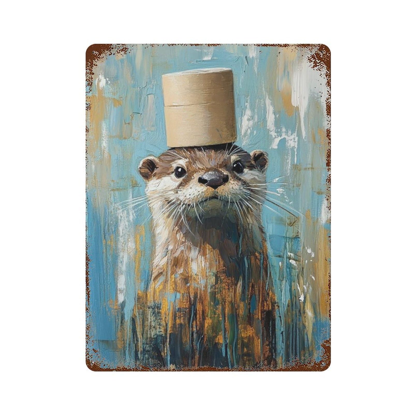Rust Effect Otter in Top Hat Painting-2 Rusty Metal Tin Sign 15.7"x11.8", Old School Wall Decor for Garage, Bar And Workshop Decor