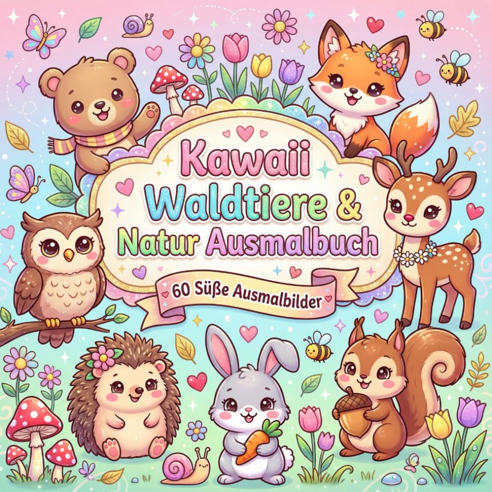 Kawaii Waldtiere & Natur Ausmalbuch: 60 Süße Ausmalbilder mit Tieren, Pilzen und Pflanzen für Kinder ab 4 Jahren: Ausmalbuch Kinder ab 4: Waldtiere & ... für Kinder und Erwachsene (Kawaii Welten)