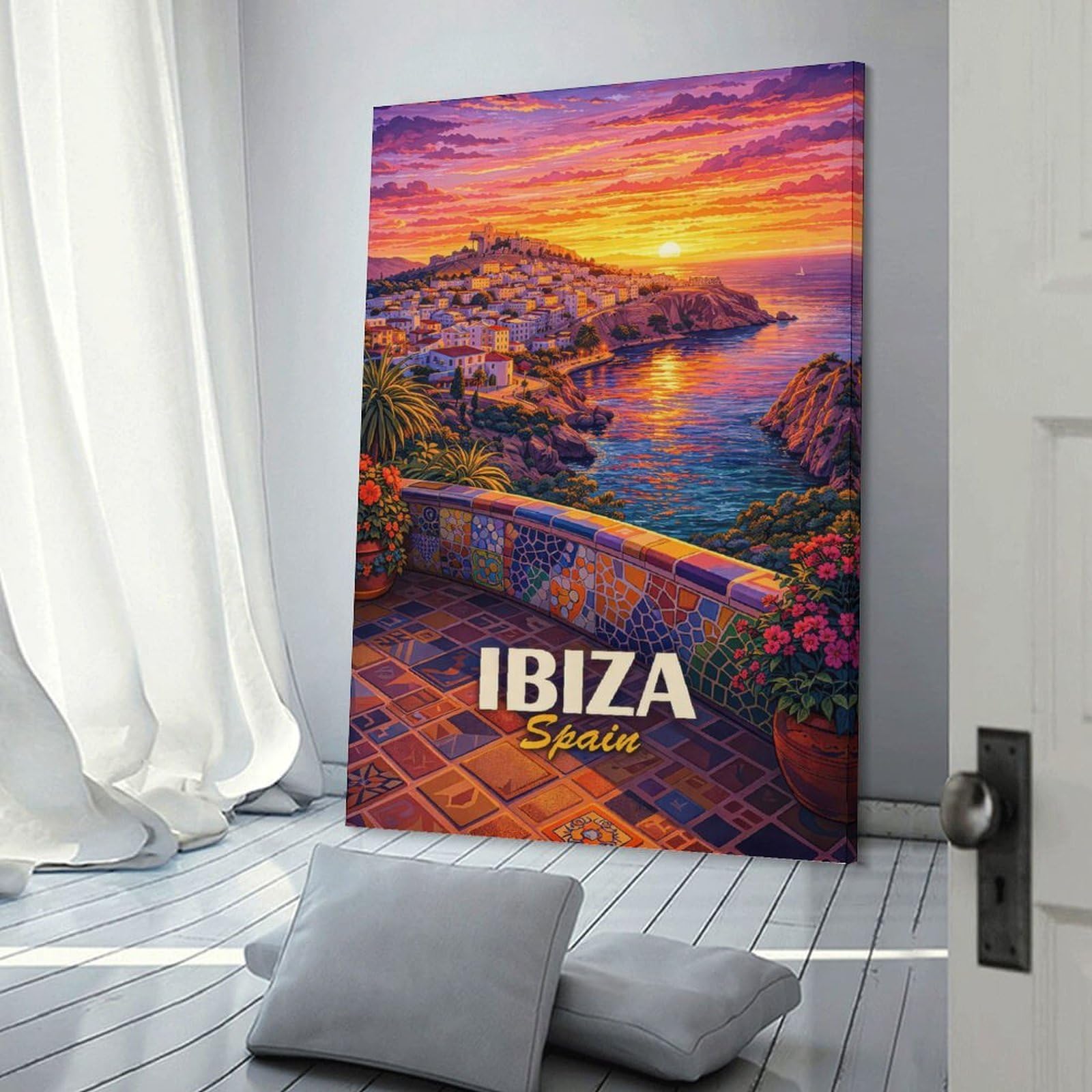 Junmoney Ibiza Spain Sunset Canvas Wall Decor, 20x30inch(50x75cm), for Office, Study Or Home Workspace, Wall Art That Adds Style to Work Areas