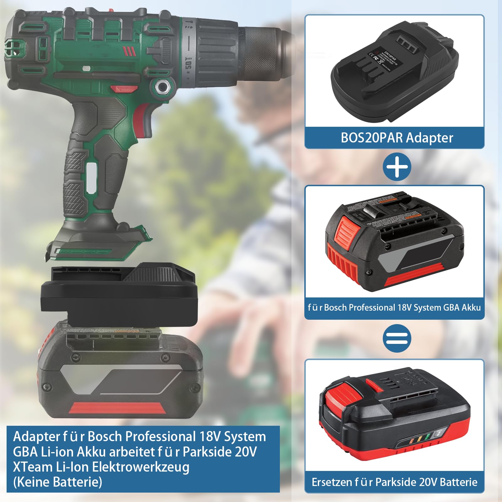 Adaptateur de Batterie pour Bosch Professional 18V Système vers Outils Parkside 20V XTeam, BOS20PAR Convertisseur pour Bosch 18V Professional à remplacer la Batterie Parkside 20V