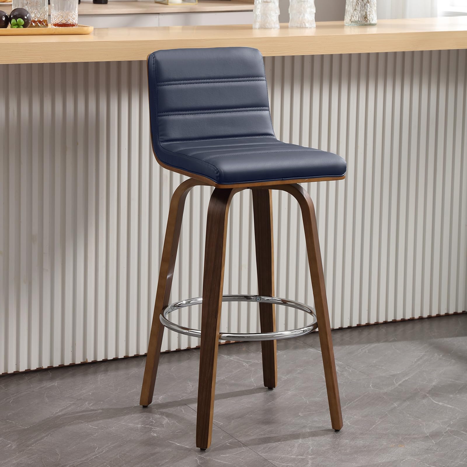 Bekrvio Bar Stools 29 Inch Bar Height, Swivel Bar Stools with Backs Upholstered PU Leather Barstool, L Shape Back and Padded Seat, Mid-Century Modern
