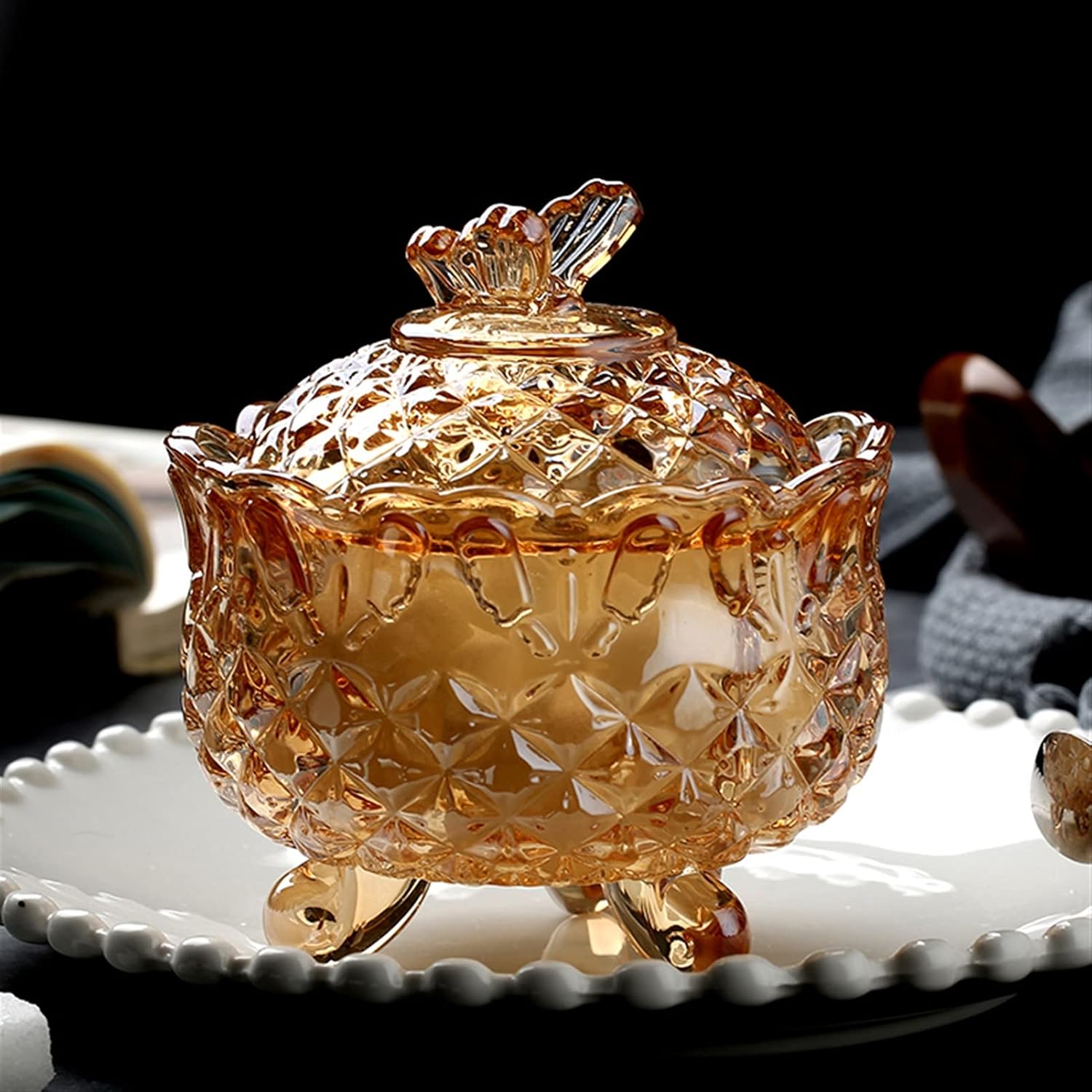 Sugar Bowl with lid Sugar Bowl Glass Sugar Bowl with Butterfly Shape Lid, Crystal Candy Dish Jewelry Dish Glass Jar, Clear-Amber Condiment Pots
