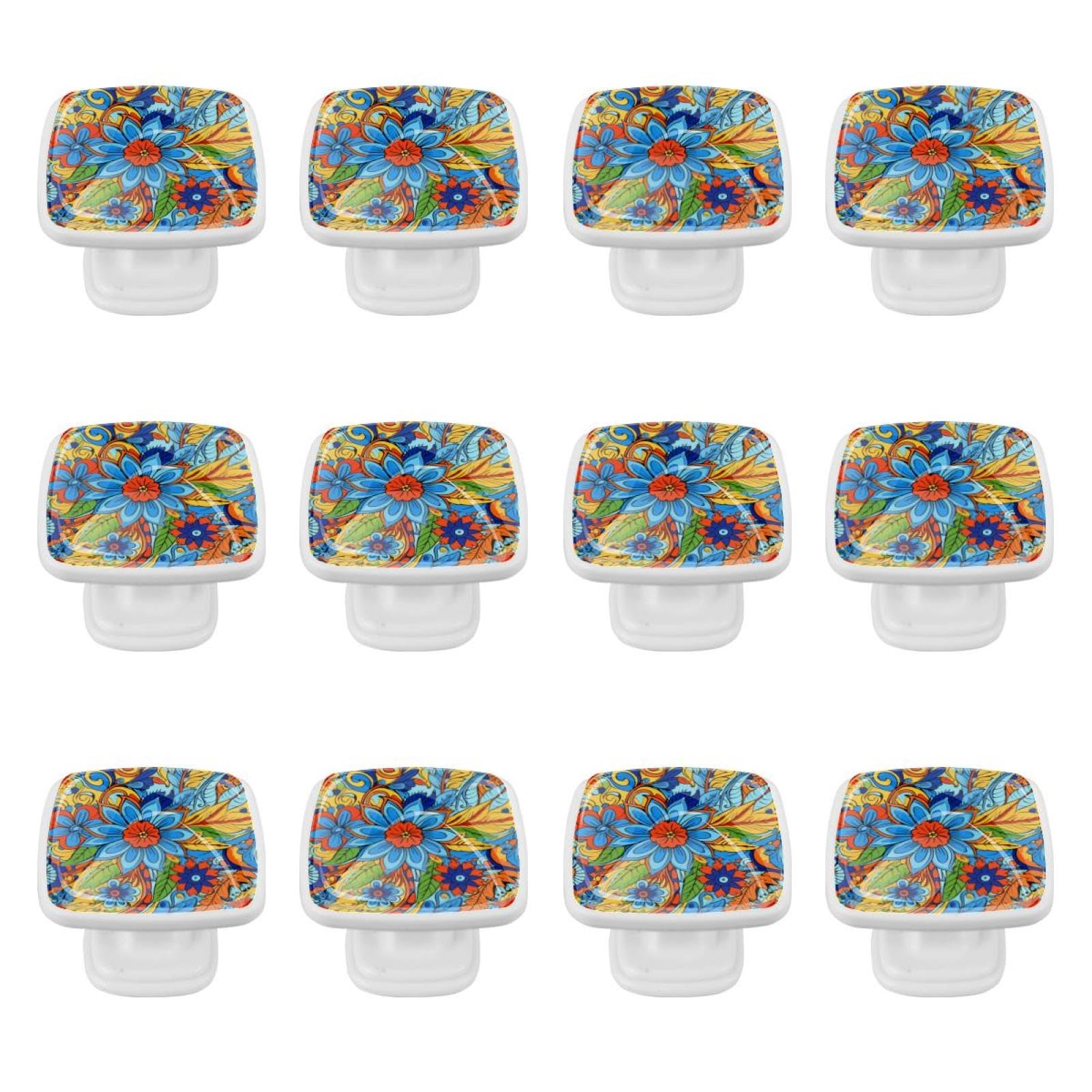 Pomos cuadrados para gabinete de cocina, pomos para cajones de tocador, 12 piezas, estilo étnico de flores abstractas, pomos de puerta de armario