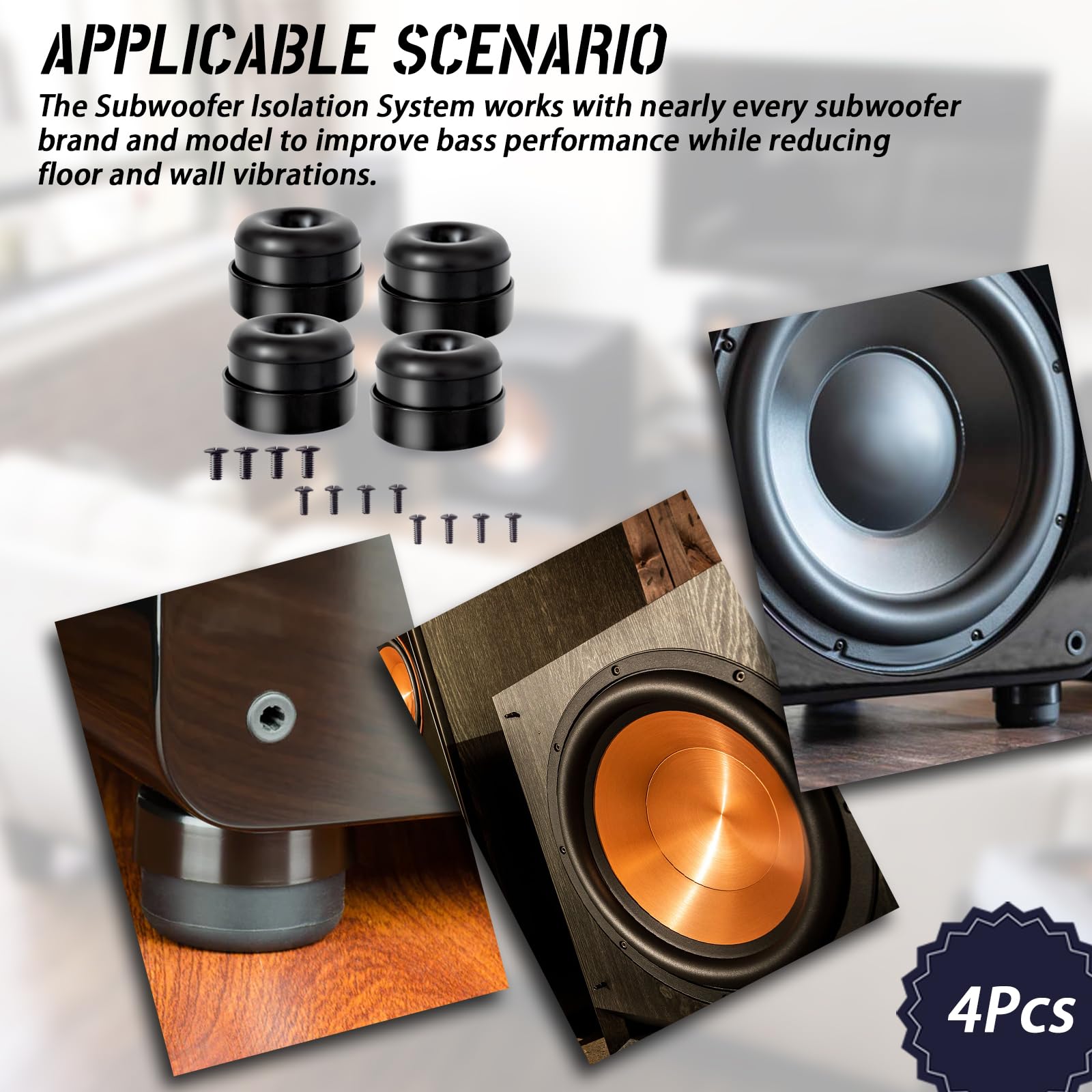 Subwoofer-Isolationspad, Subwoofer-Isolationssystem, kompatibel mit fast jeder Subwoofer-Marke und -modell (schwarz), 4 Stück