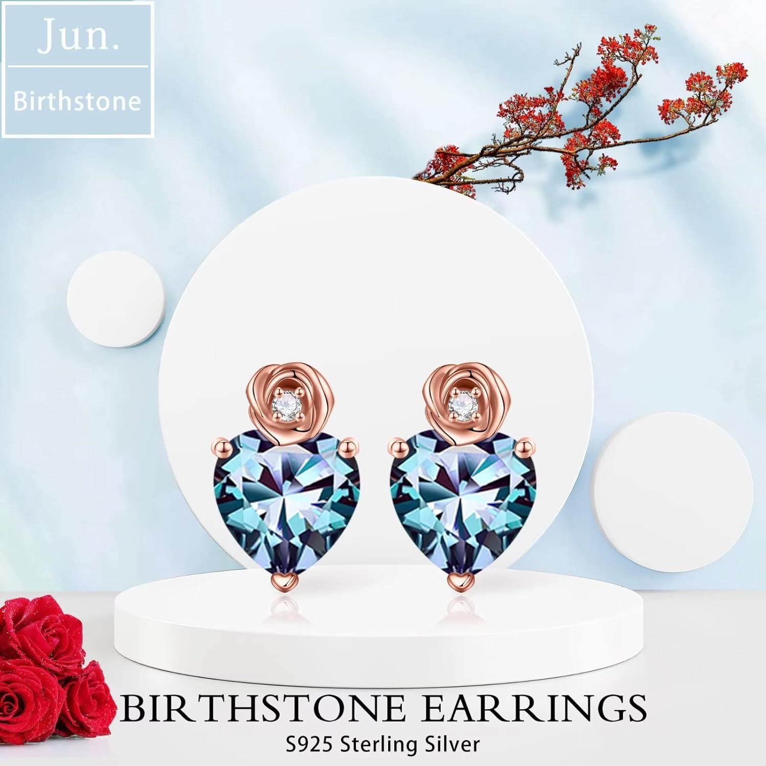 Iefil Earrings for Women - Sterling Silver Rose Heart Birthstone Stud Earrings for Women, Anniversary Birthday Gifts for Women Wife Mom Daughter - Image 5