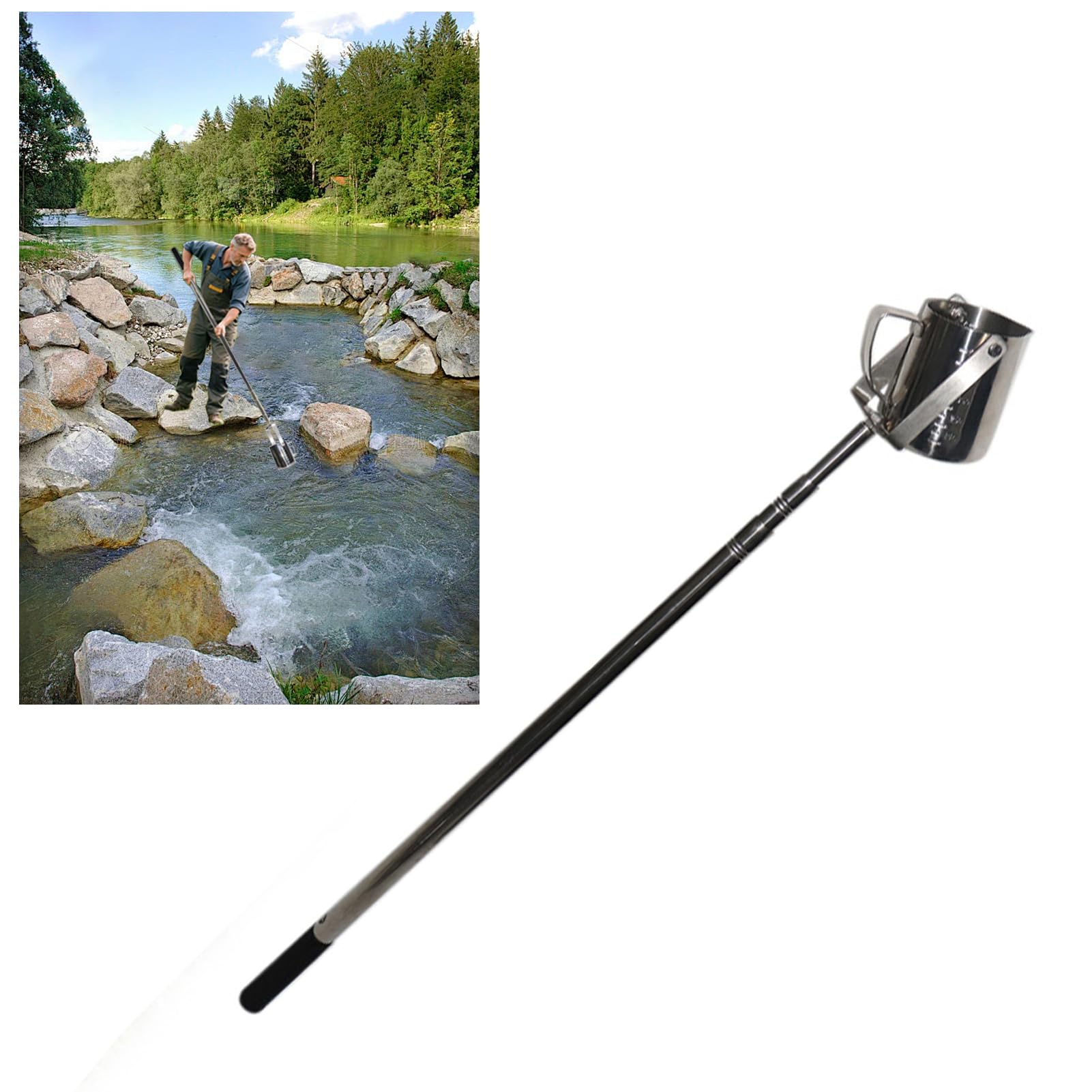 Teleskop Wasserprobennehmer, 0,6–7m Lange Edelstahl-Wasserprobenstange, 500ml/1000ml Pendelbecher-Probennehmerkelle, Wasserprobennehmersystem für effiziente(Stainless Steel 500ml,1.11-3.0m/3.6-9.8ft)