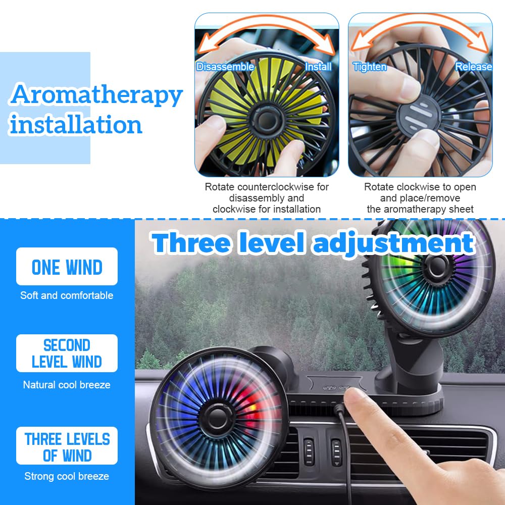 Ventilateur Auto, Ventilateur Voiture USB, 3 Niveaux Ventilateurs De Voiture à Double, VentilateurVoiture Refroidissement Avec Réglable à 360 °, Pour Camion, Camionnette, SUV, Camping-Car