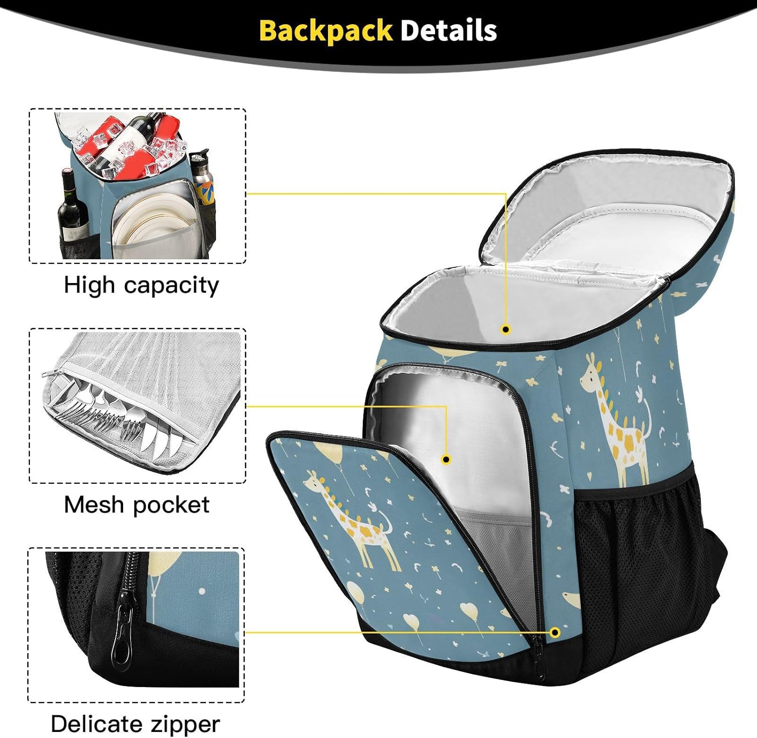 Giraffe Pattern Cooler Backpack 36 Cans Leakproof Waterproof Backpack Cooler Bag Beach Accessories Travel Camping Fishing Backpack for Women Men