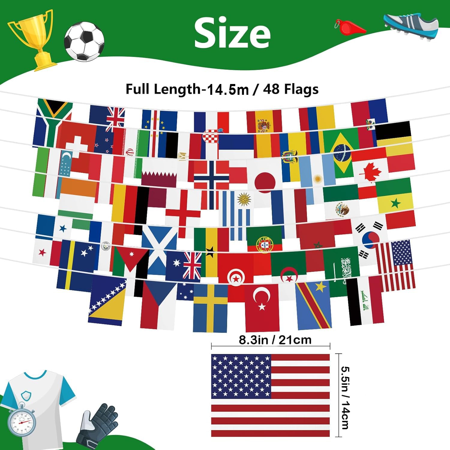 2026 - Bandiere mondiali, catena 48 paesi per 2026 Coppa del Mondo 2026, 14 m, decorazione per la visualizzazione pubblica, giardino, bar, tifosi della Coppa del Mondo