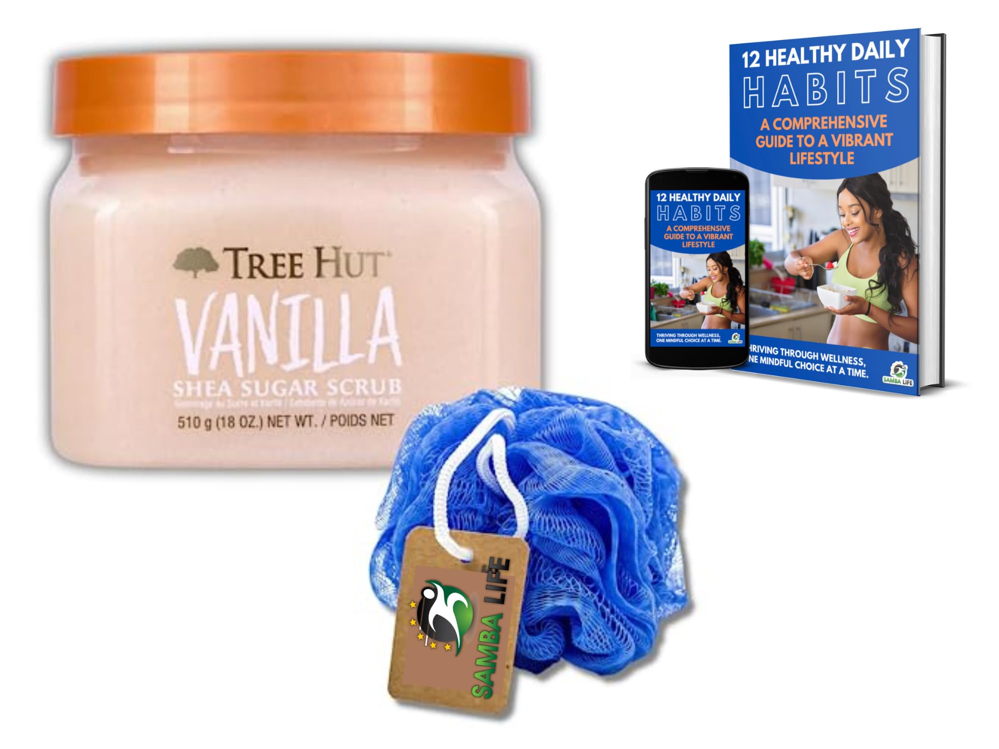 Tree Hut Body Shea Sugar Scrub Exfoliator, Vanilla Bundle with Samba Life Mesh Bath and Shower Sponge for a Exfoliating Body Scrubber and eBook.
