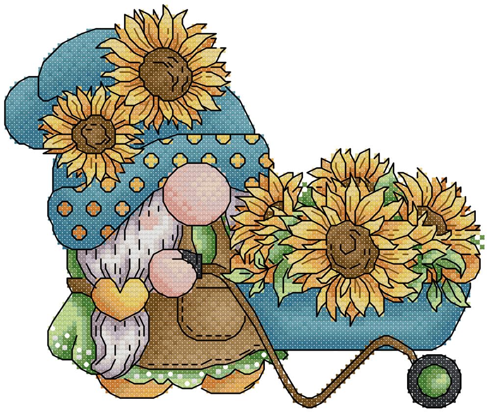 Awesocrafts Cross Stitch Stamped Kits Gnome with Sunflowers Easy Patterns Cross Stitching Embroidery Needlework Kit Supplies