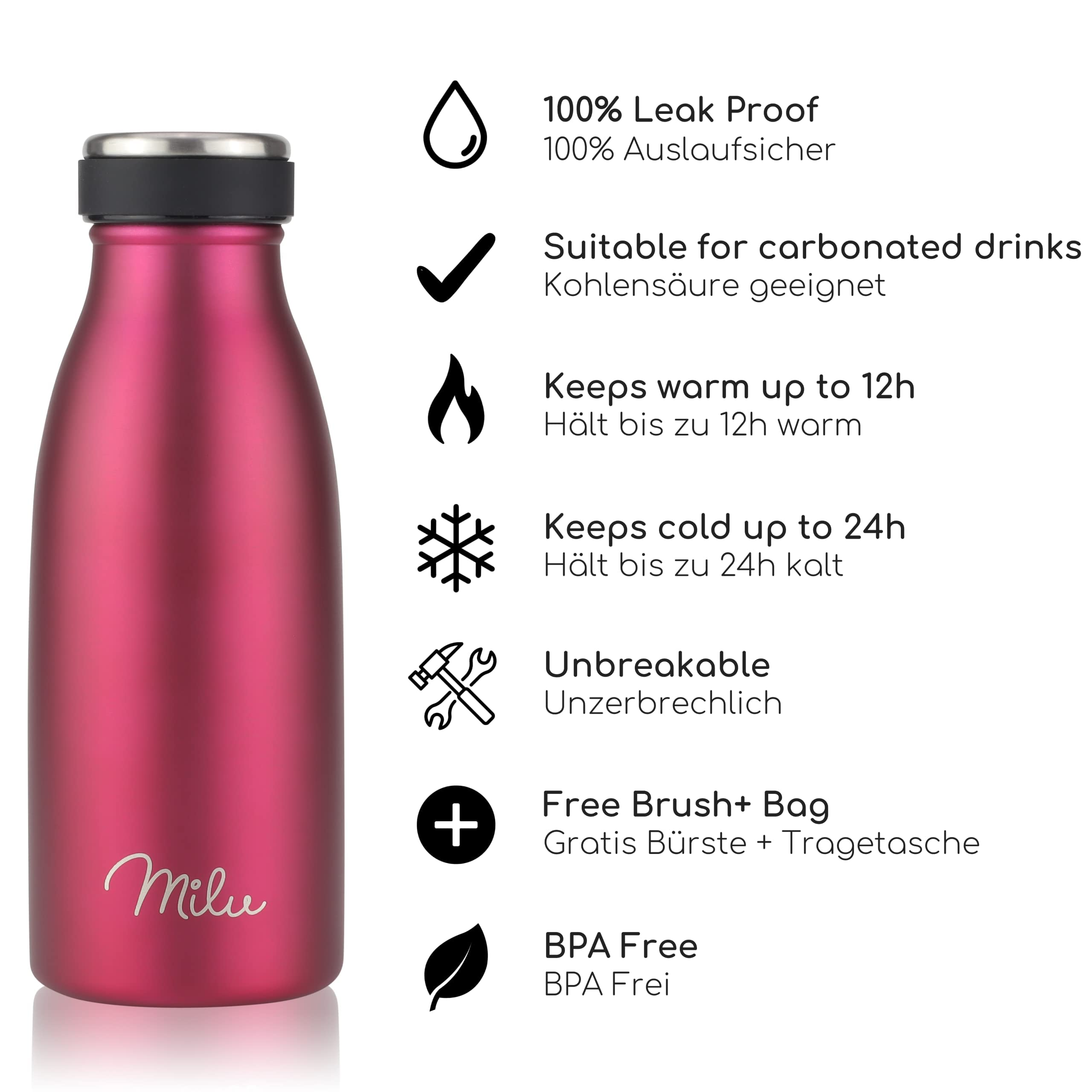 Milu Stainless Steel Drinking Bottle 350 ml, Insulated Thermo Flask for Water, Leak Proof, Insulated and Double Walled - Image 2