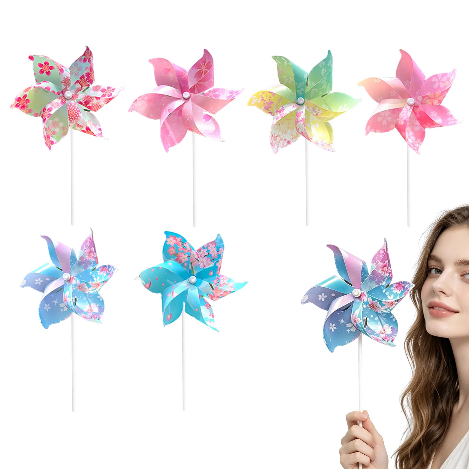 6 Pcs Cherry Blossom Windmills, Garden Windmills Outdoor Decor, Colorful Wind Spinners for Garden, Patio, Lawn, Yard, Bird Scarers for Gardens, DIY Pinwheel for Party Decorations (Flowers)
