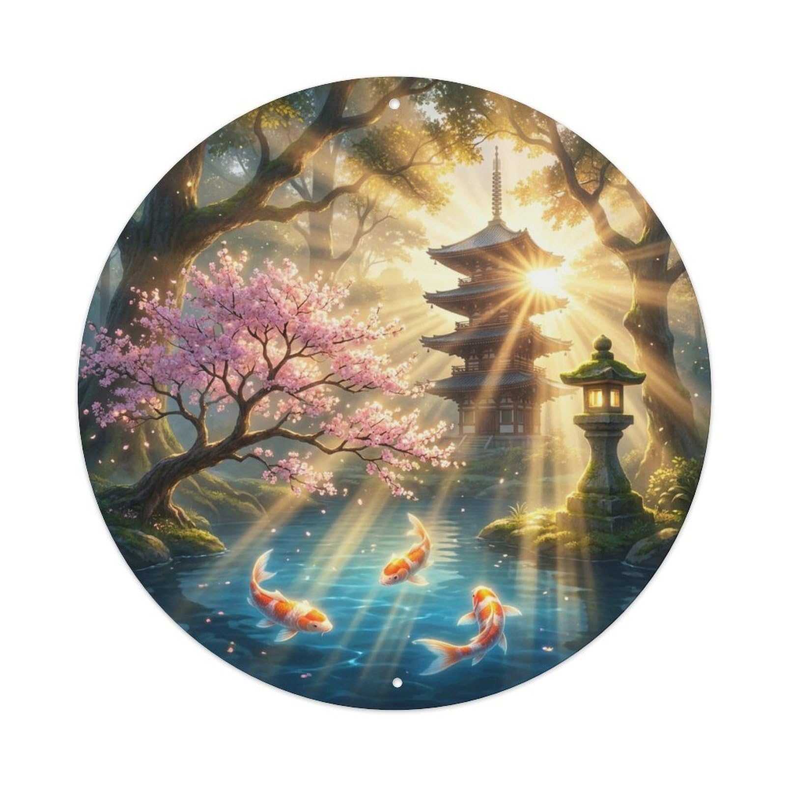 Morning Koi Garden Pond Vintage Golden Sunbeams Metal Tin Sign Plaque Wall Decor for Cafe, Man Cave, Club Bar, Office, Home Garden Round Metal Poster 8x8Inch