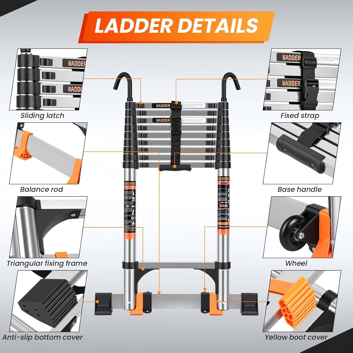 Telescoping Ladder,12.5 FT Extension Ladder w/Hooks,Stabilizers,Wheels,Heavy Duty 330lbs Max Capacity,Collapsible Telescopic Ladder for Rv,Roof,Outdoor