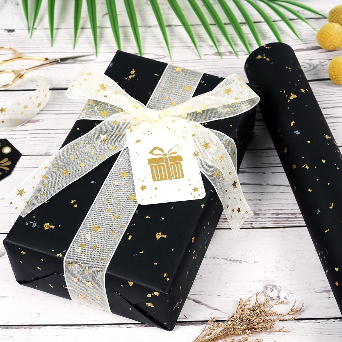 Schwarze Geschenkpapierrolle, 43,2 cm × 90 m, schwarzes und goldenes Folien-Geschenkpapier, mattes Kraftpapier mit Silber- und Goldfolienflocken, Geschenkpapier für Geburtstag, Hochzeit, Weihnachten,