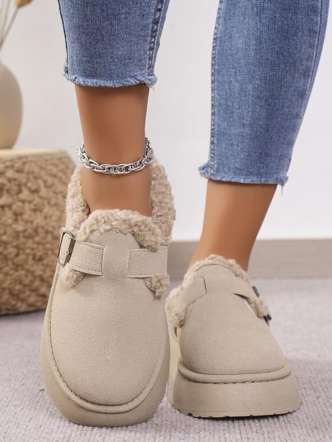 Damen Mules Wildleder Dicke Sohle Hausschuhe Fleecegefütterte Schneeschuhe rutschfest Garten Clogs Indoor Outdoor