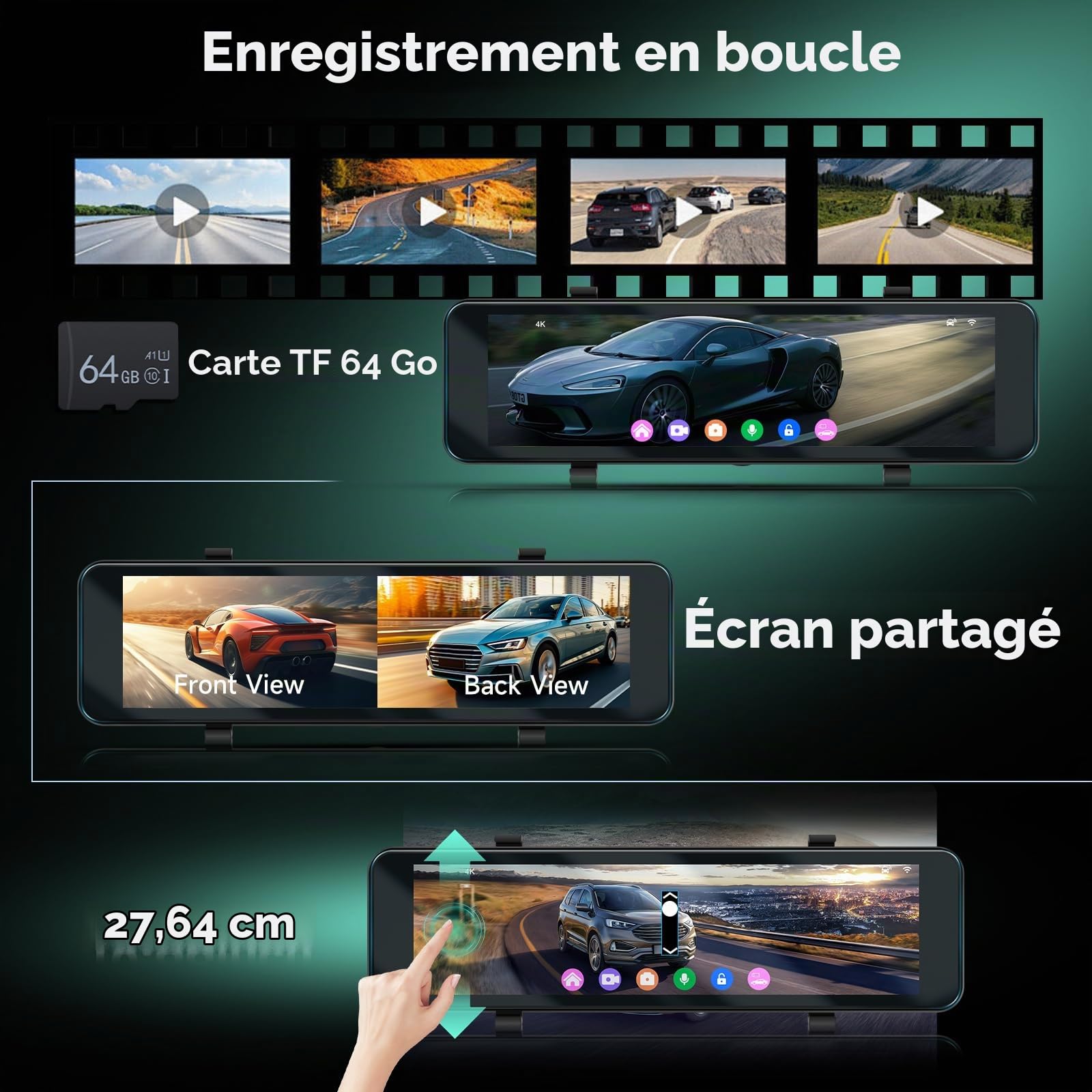 Hodozzy Dashcam Rétroviseur 4K Avant + 1080P Arrière Voiture, GPS ADAS BSD WiFi & App, écran Tactile 10,88 Pouces Caméra Voiture avec Mode Parking, G-Capteur, Boucle, Vision Nocturne, Carte 64Go