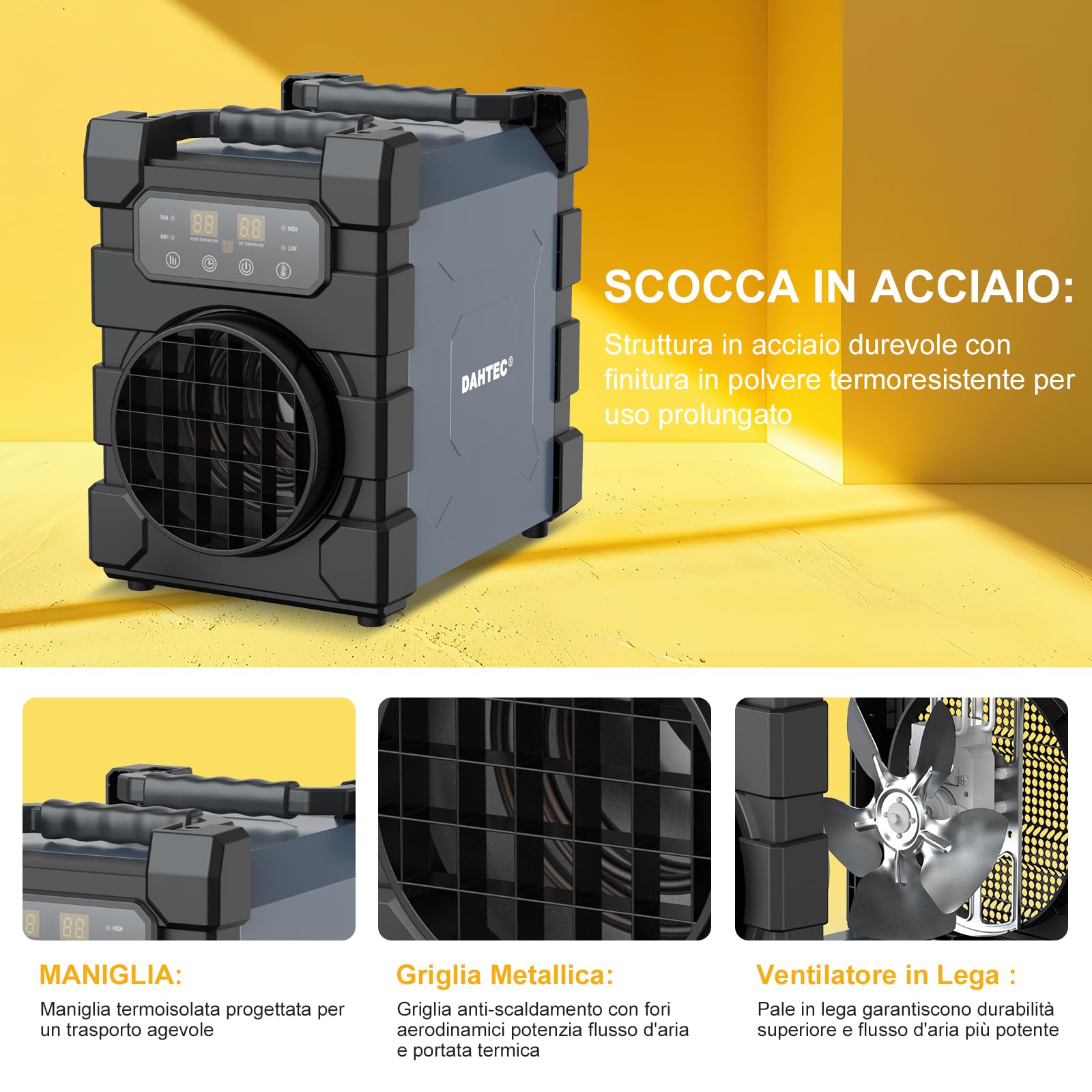 Termoventilatore Professionale 3000W - Stufetta Elettrica - ECO & Involucro Robusto in Acciaio - WIFI, Telecomando Senza Fili, Display Digitale