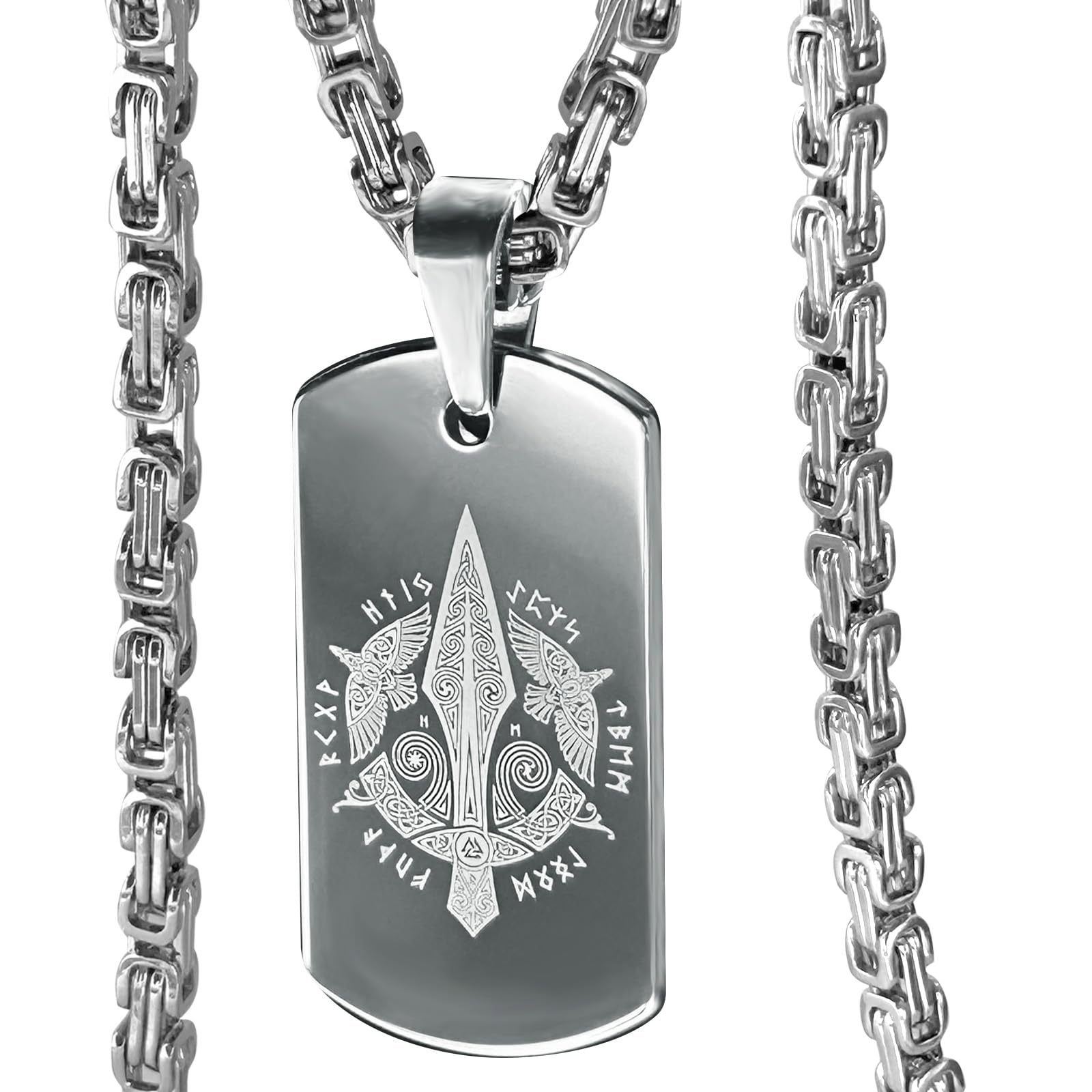 bahamutThor Hammer/Odin Gungnir Tungsten Carbide Pendant Necklace for Men,with Stainless Steel Byzantine Chain,Norse Viking Jewelry Gift